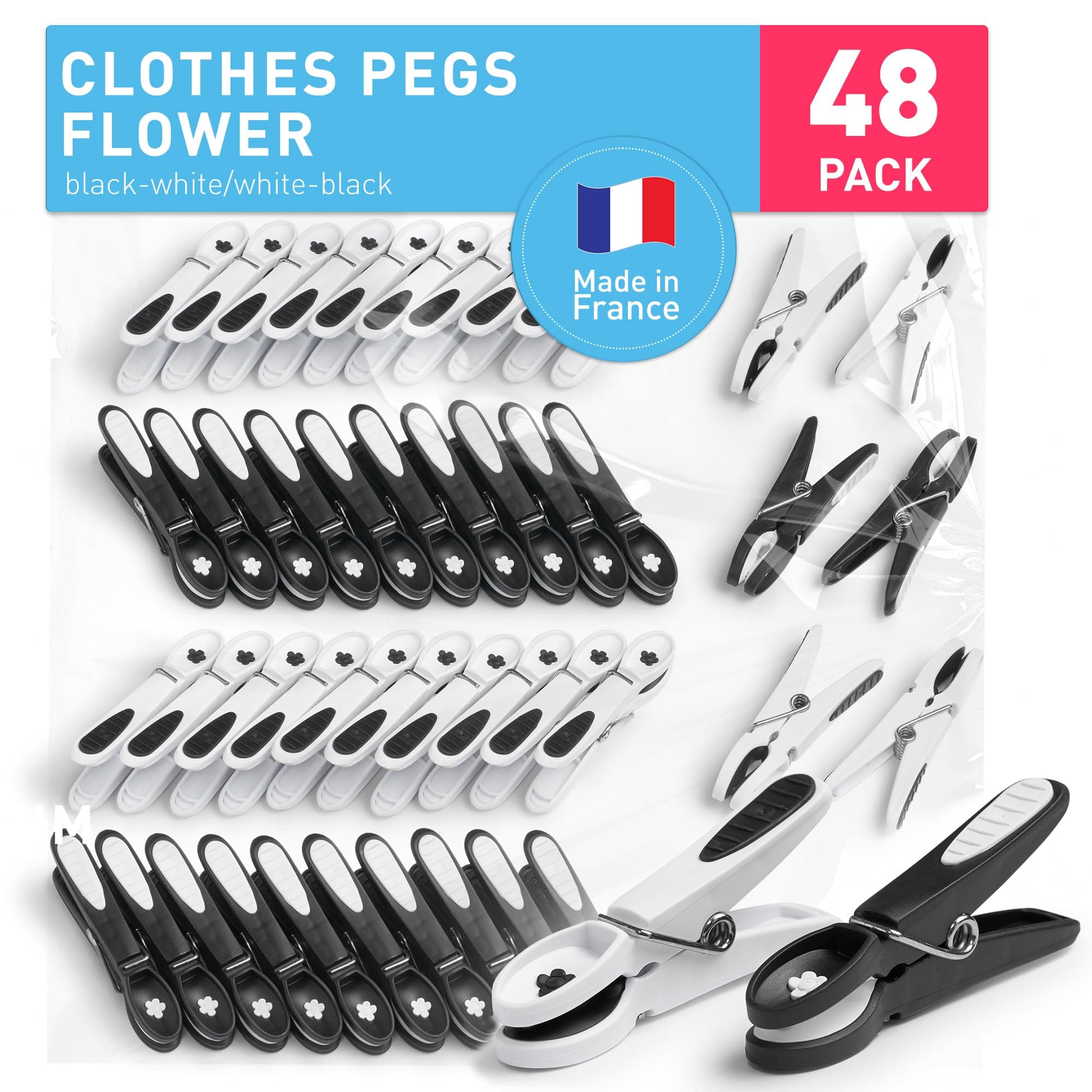 Clothes Pegs for Washing Line – Strong Soft Grip Washing Pegs Flower – Durable Plastic Laundry Pegs for Indoor, Outdoor Use – Heavy Duty Clothes Clips – 48 Pack – black-white/white-black