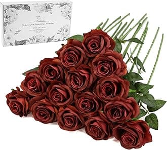 Brown Fake Roses Artificial Flowers - 16 Pcs Fake Artificial Roses Silk Flowers with Stems for Home Wedding Hotel Office Centerpiece Decor（Orange Brown）