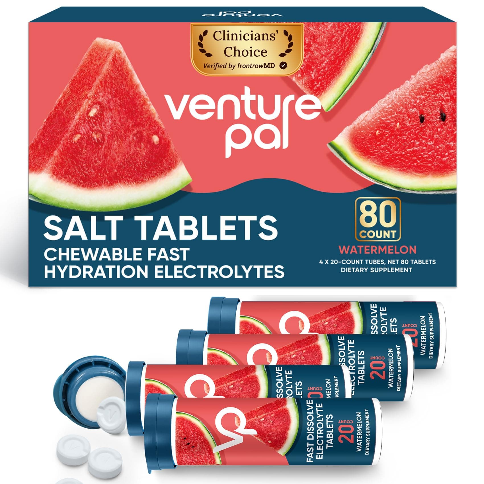 Venture Pal Chewable Electrolyte Tablets, 80 Count Fast-Dissolve Sugar-Free Stick Salt Tablets,Gluten Free – Variety Pack for Rapid Hydration, Outdoor Running, Hiking | Keto & Vegan Friendly | 4 Pack