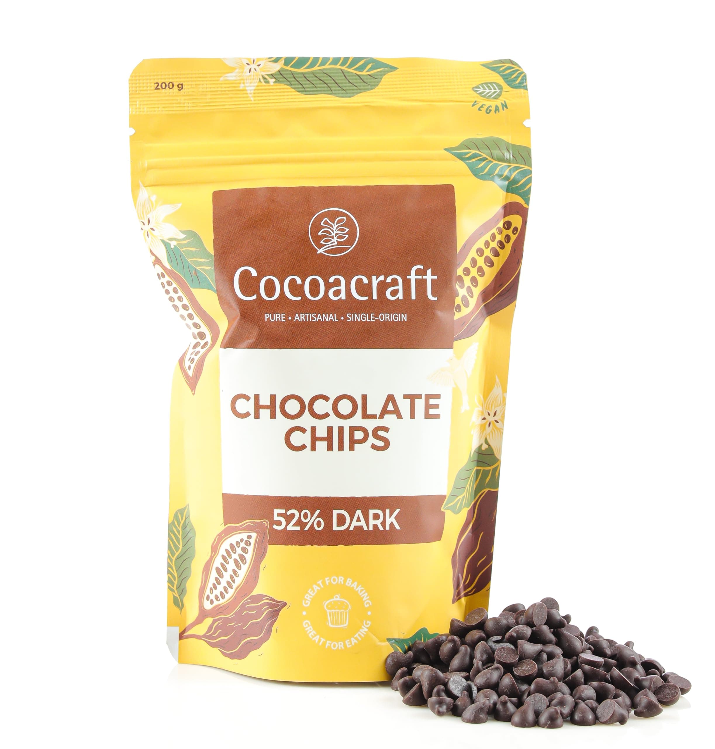 Cocoacraft 52% Mild Dark Couverture Chocolate Chips | 100% Natural | Handmade Artisanal Choco Chips from Kerala for Cakes, Cookies, Brownies, Pancakes, | Baking, Decoration & Toppings| (200 gm)