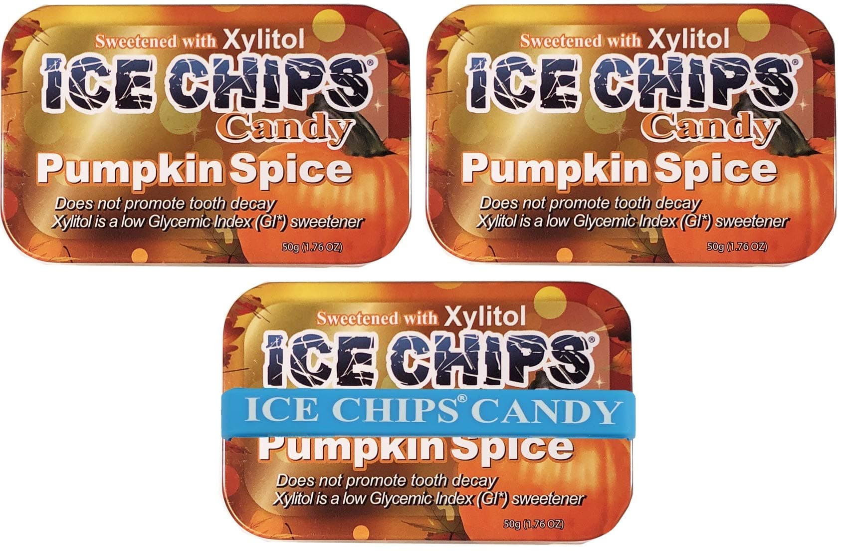 ICE CHIPS Xylitol Candy Tins (Pumpkin Spice, 3 Pack) - Includes BAND as shown