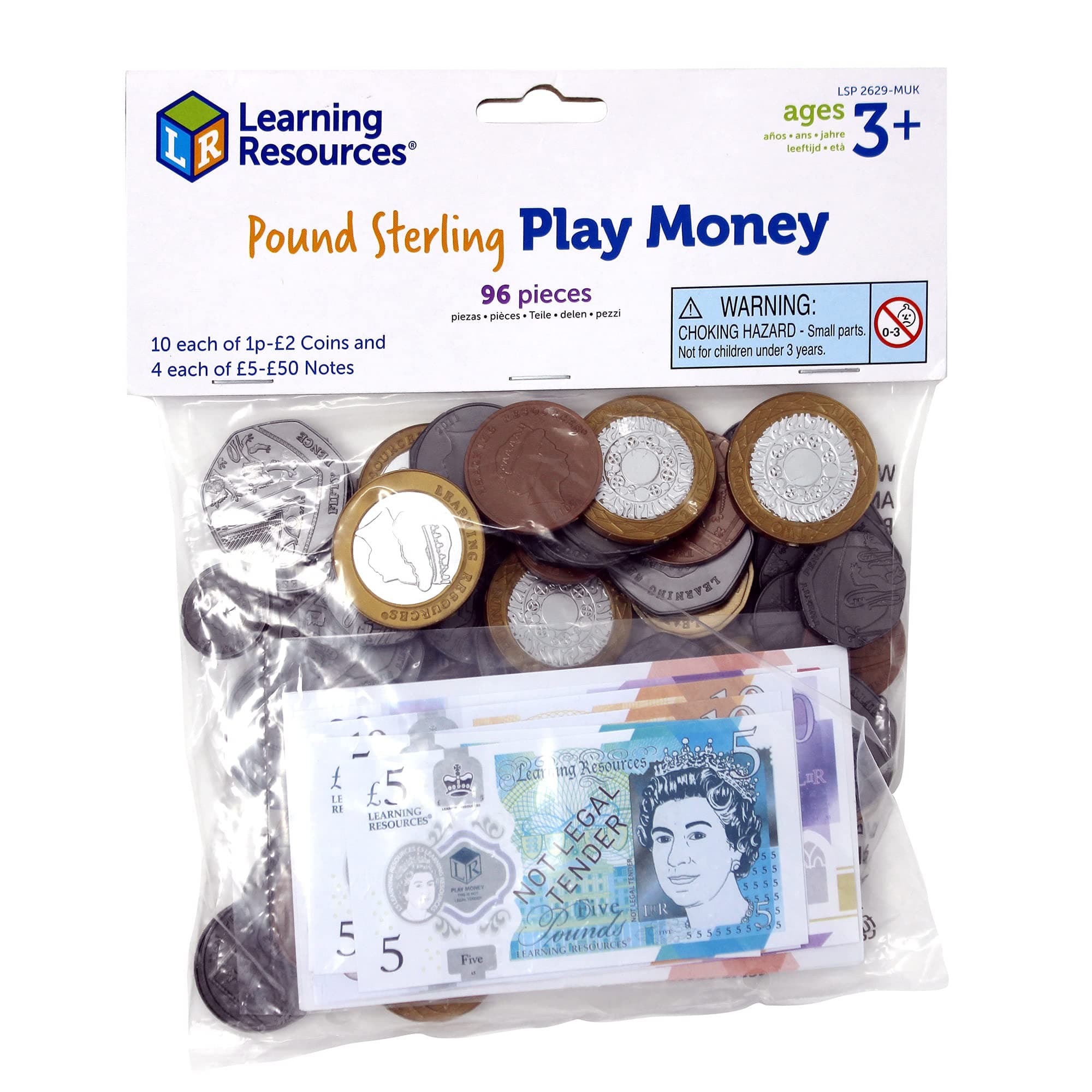 Learning Resources UK Play Money Set, Ages 3+, Maths Toy for Counting & Money Recognition, Realistic Coins & Notes, 96-Piece Educational Pack