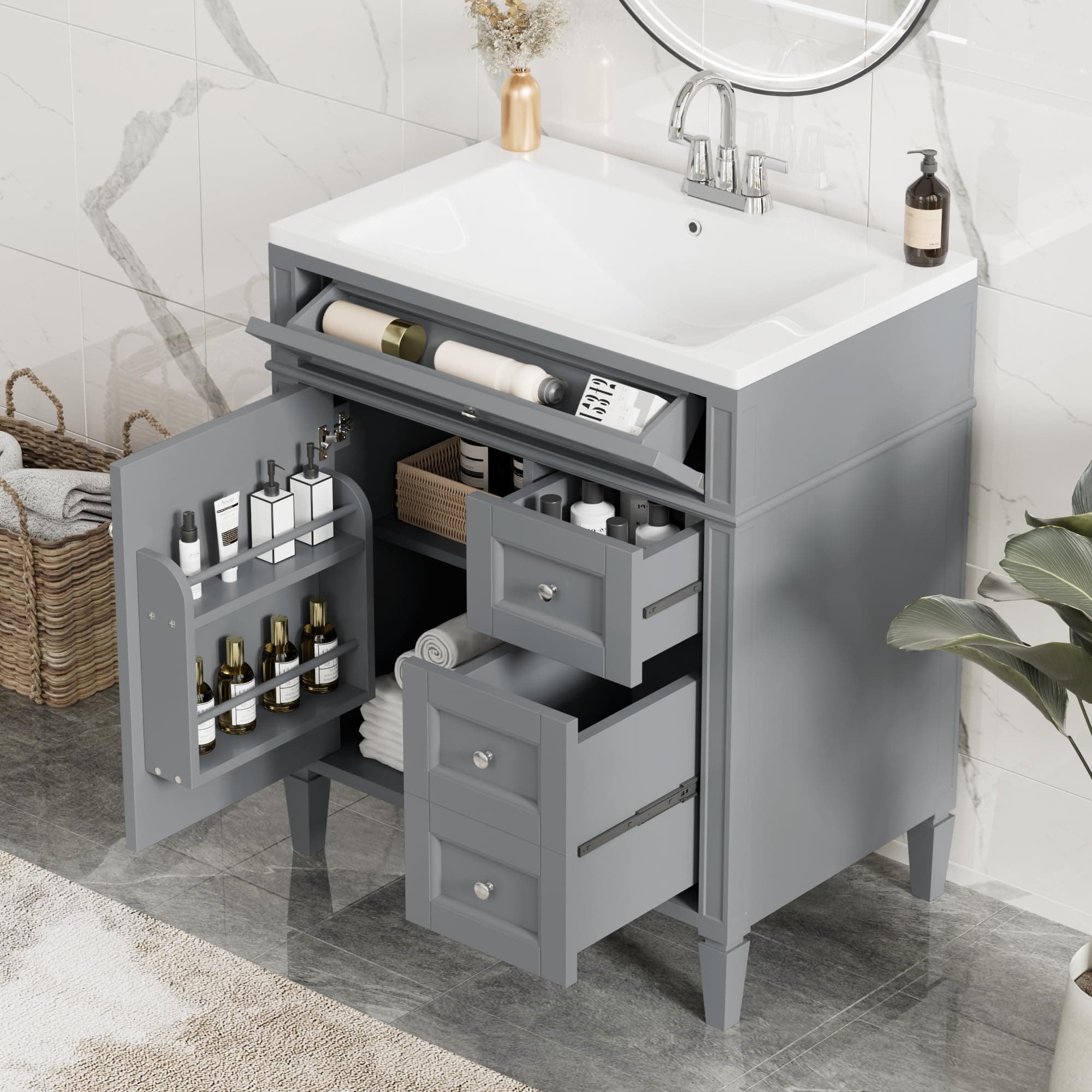 Linique 30" Bathroom Vanity with Sink Combo Set, Solid Wood Frame Bathroom Storage Cabinet with 2 Drawers and a Tip-Out Drawer, Soft Closing Cabinet Door with Organizer, Grey