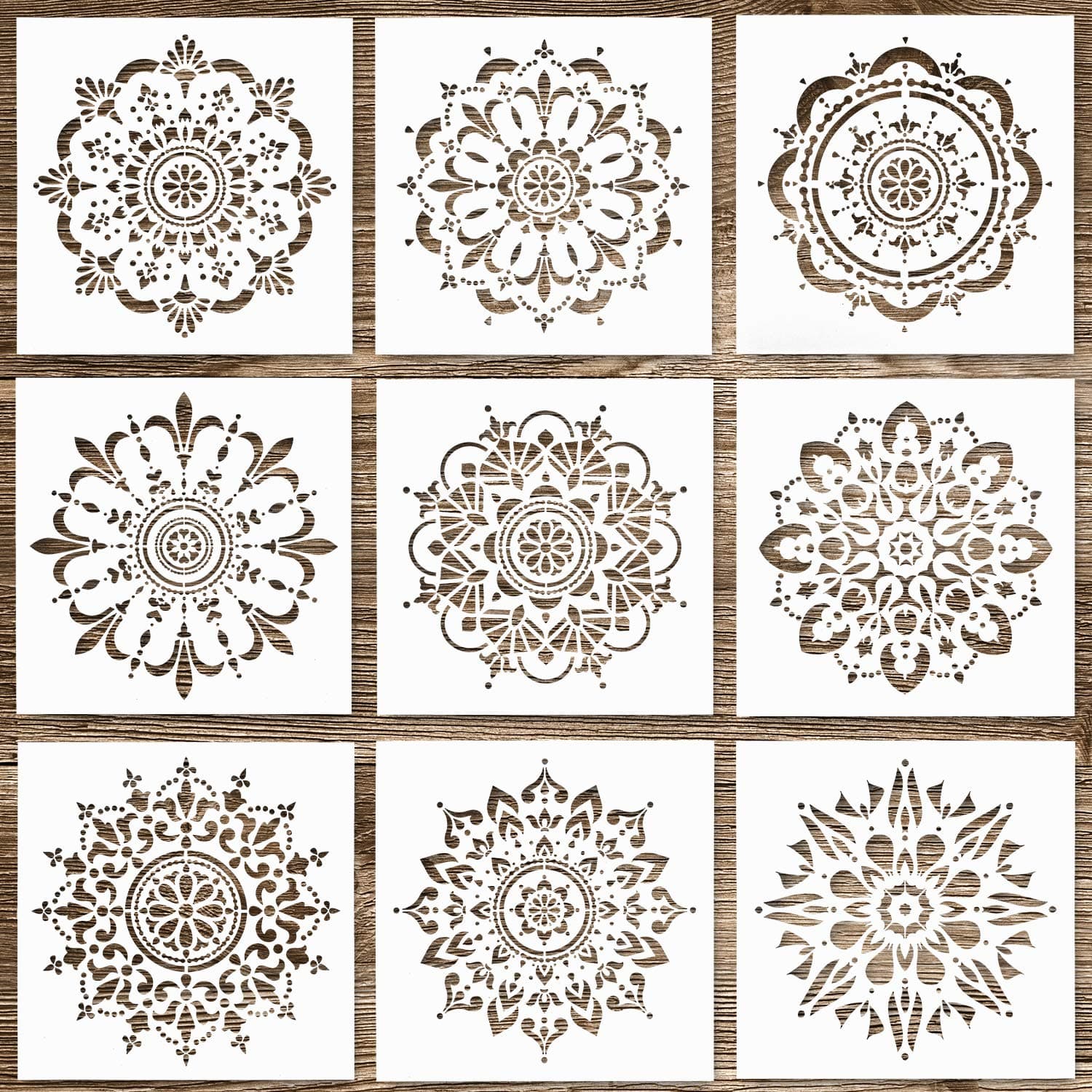 Whaline 9 Pack Reusable Mandala Stencils Tiles Template Set Laser Cut Painting Template Stencils Tool for Airbrush, Furniture Floor Tiles, Walls Art and Stone Rock Painting