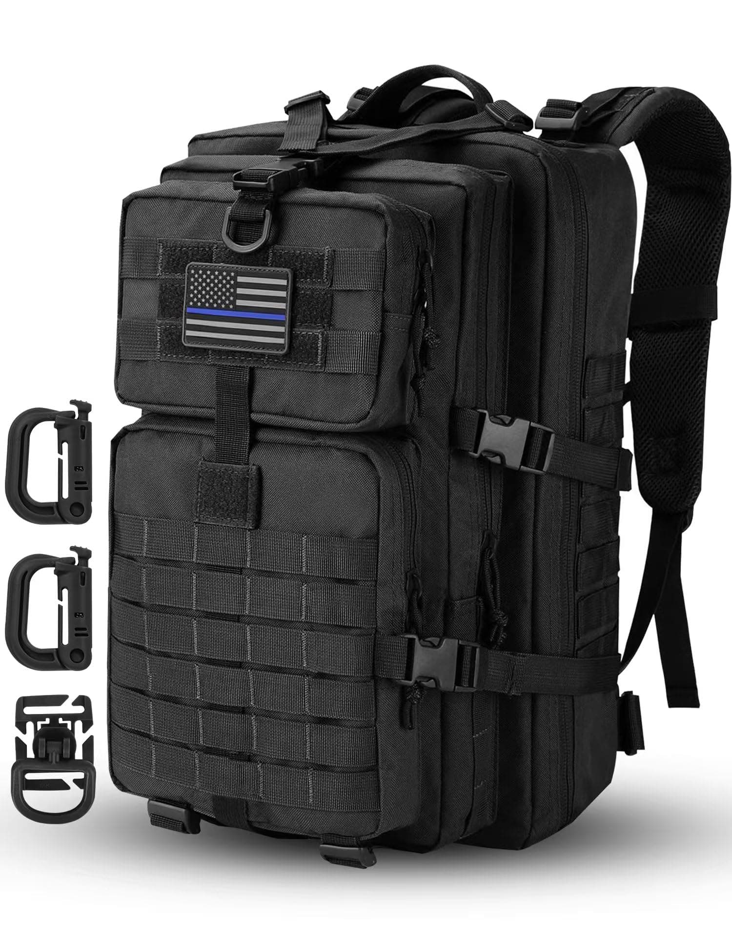 Hannibal Tactical MOLLE Assault Backpack, Tactical Backpack Military Army Camping Rucksack, 3-Day Pack Trip w/USA Flag Patch, D-Rings, Black
