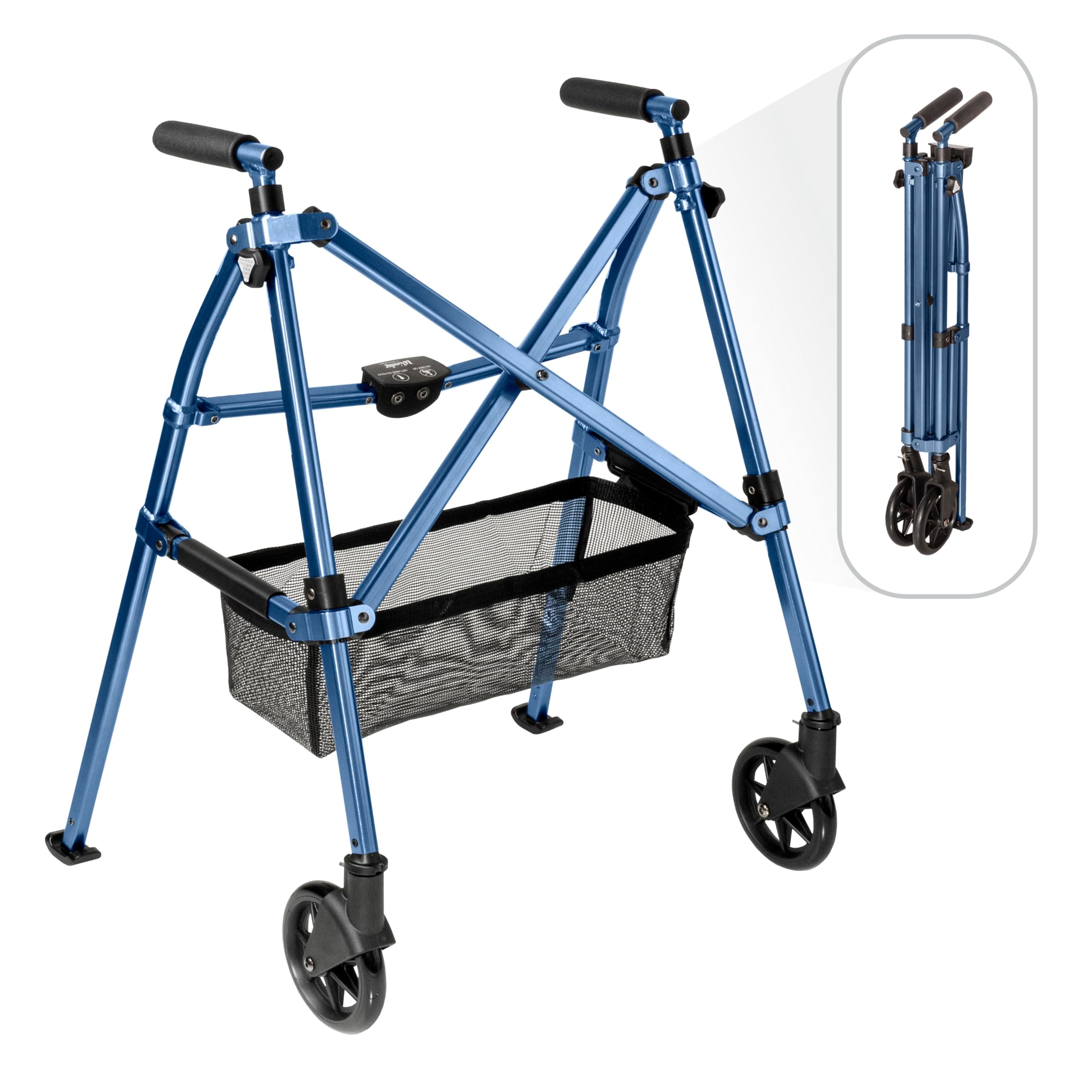 Stander Wonder Walker Plus Short, Junior Lightweight Folding Rolling Walker for Adults, Seniors, Elderly, Petite Travel Walker with Wheels, Glides, Pouch, Compact Standard Walker, Cobalt Blue