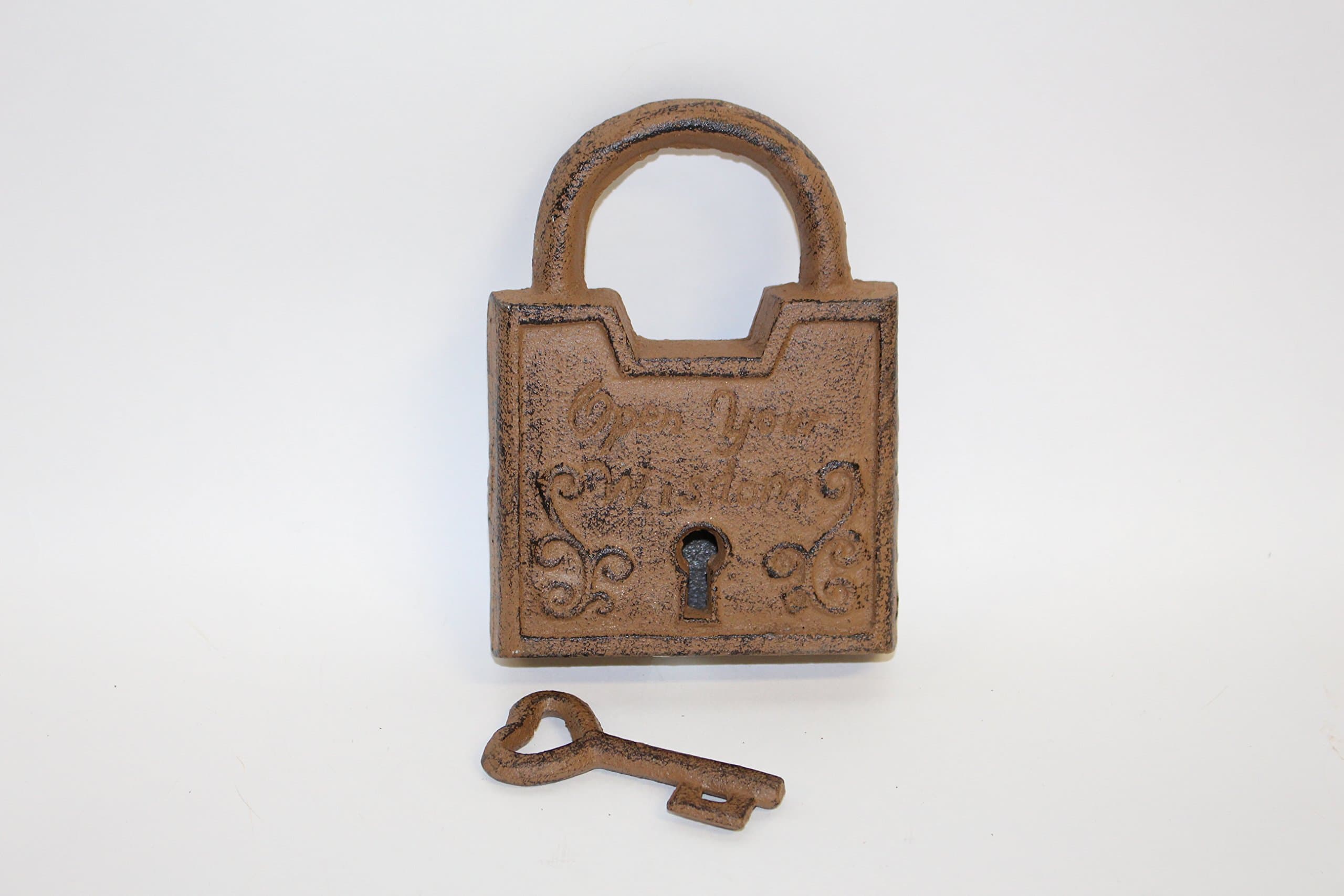 3.5" by 5" Antique Style Rustic Light Brown Cast Iron Cast Iron Decorative Padlock with 1 key