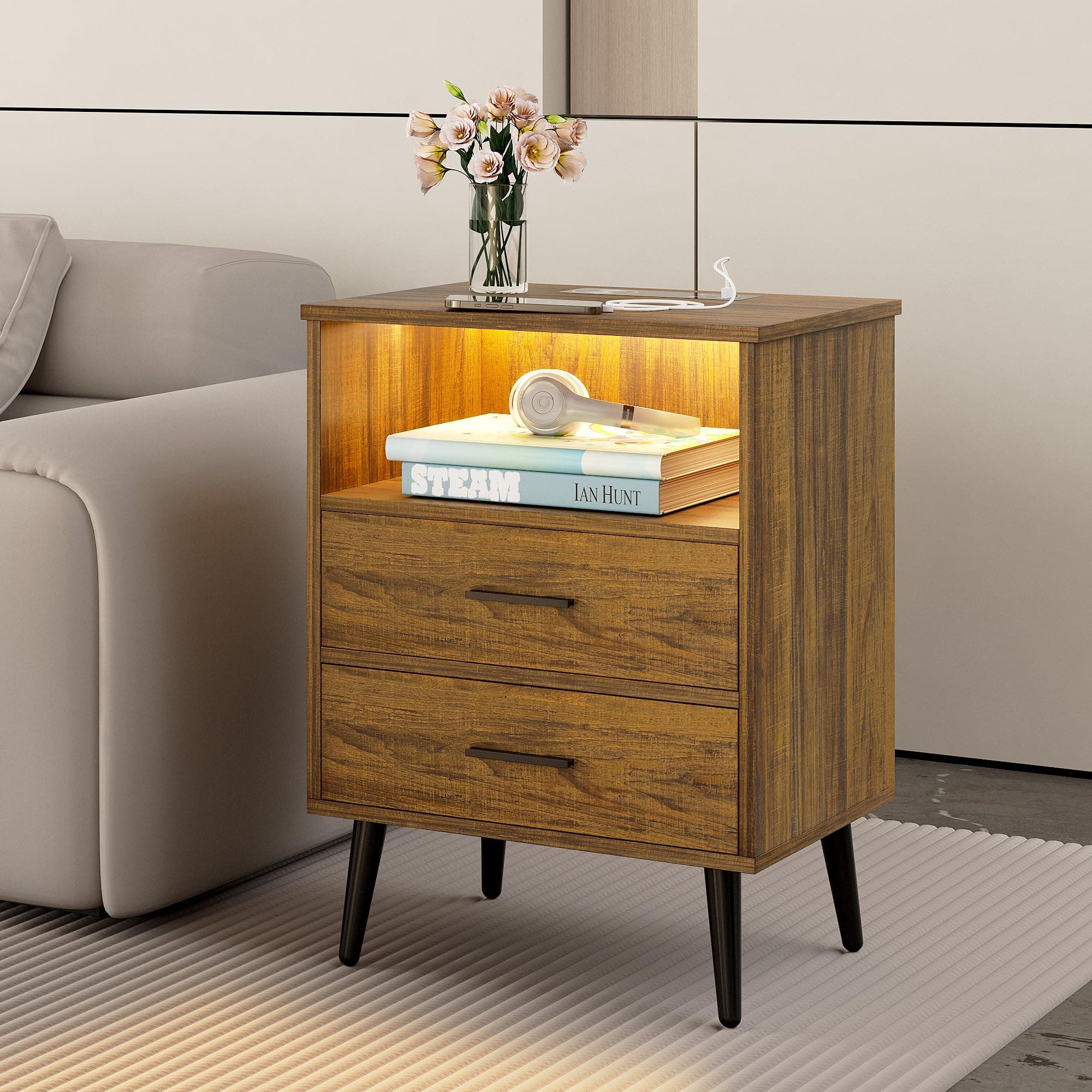 LVSOMT LED Bedside Table with Charging Station, Smart Bedside Table with Lights, Modern Bedside Cabinet with 2 Drawers, Wooden Nightstand with Wireless Charging, Bed Side Table for Bedroom, Brown