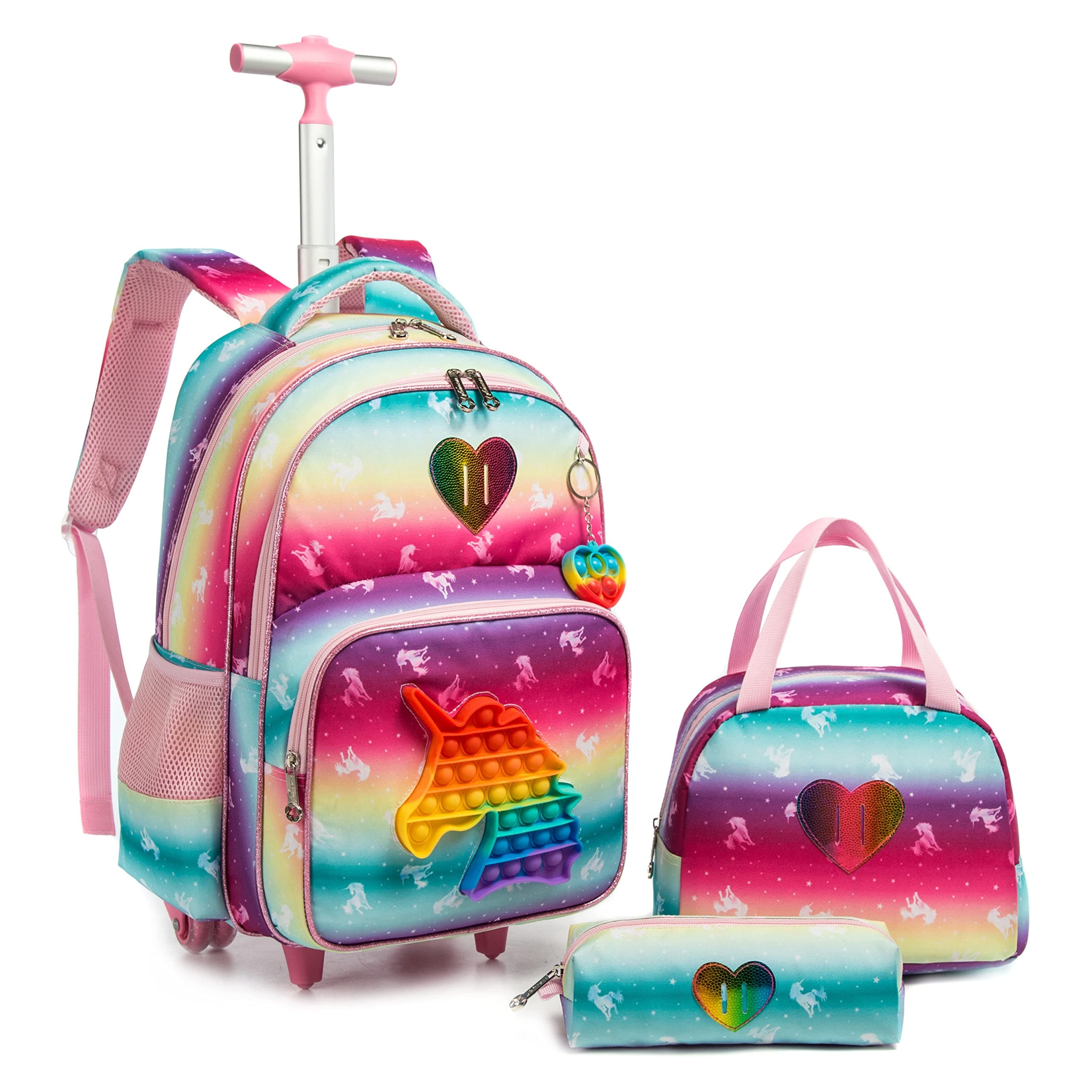Unicorn Rolling Backpack for Girls Wheels Backpacks for Elementary Student Wheeled Trolley Trip Kids Luggage for Teen Girls with Lunch Box Pencil Case