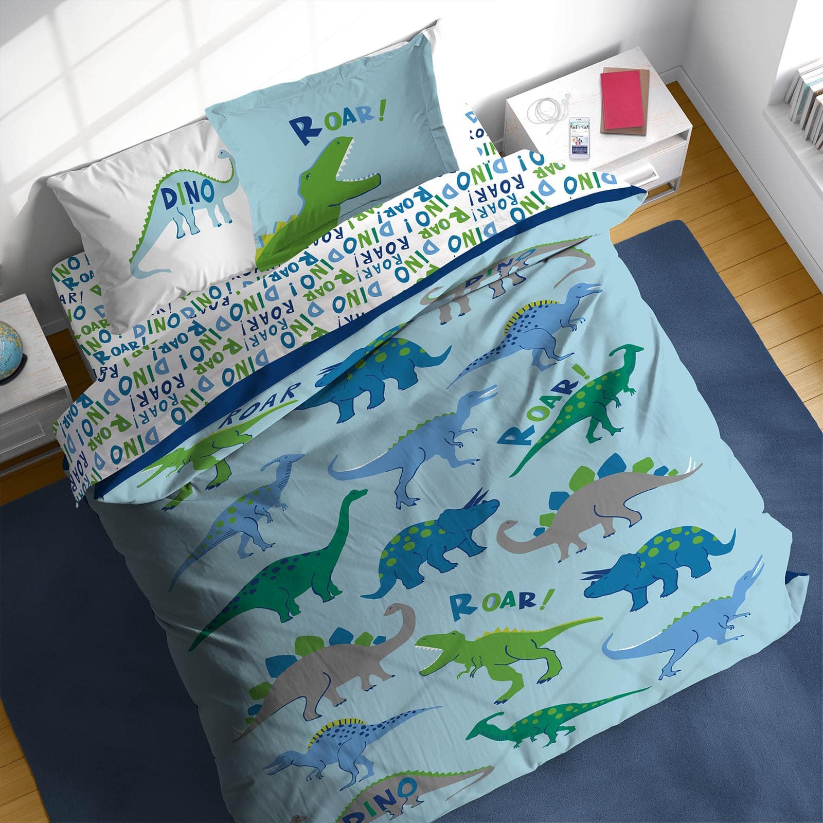 Dino Roar Full Comforter Set - 7 Piece Kids Bedding Includes Comforter, Sheets & Pillow Cover - Super Soft Dinosaur Microfiber Bed Set