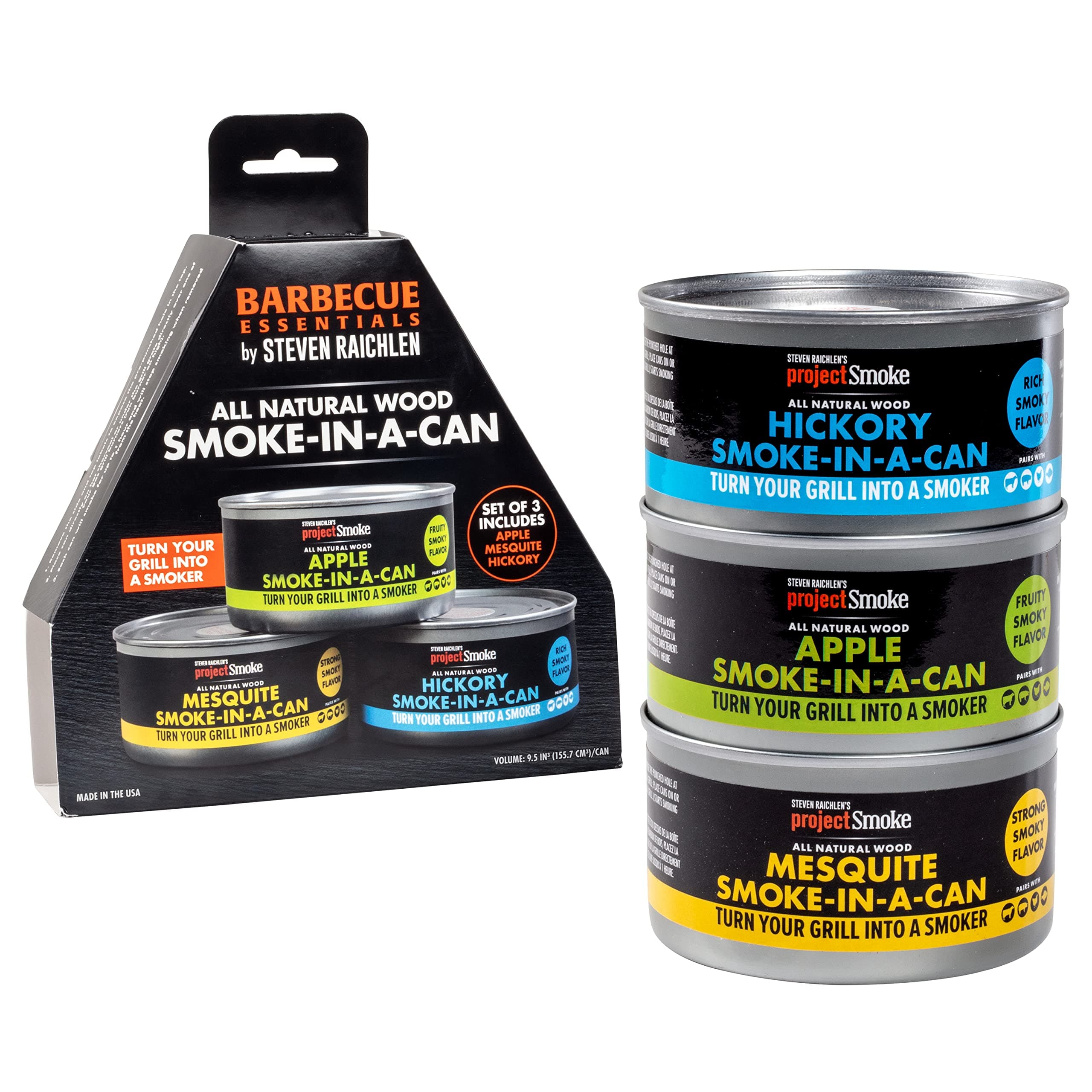 Steven Raichlen Project Smoke Tri Pack Smoke in a Can - Apple, Mesquite, Hickory - Turn Any Grill into a Smoker - Easily Infuse Natural Wood Flavor