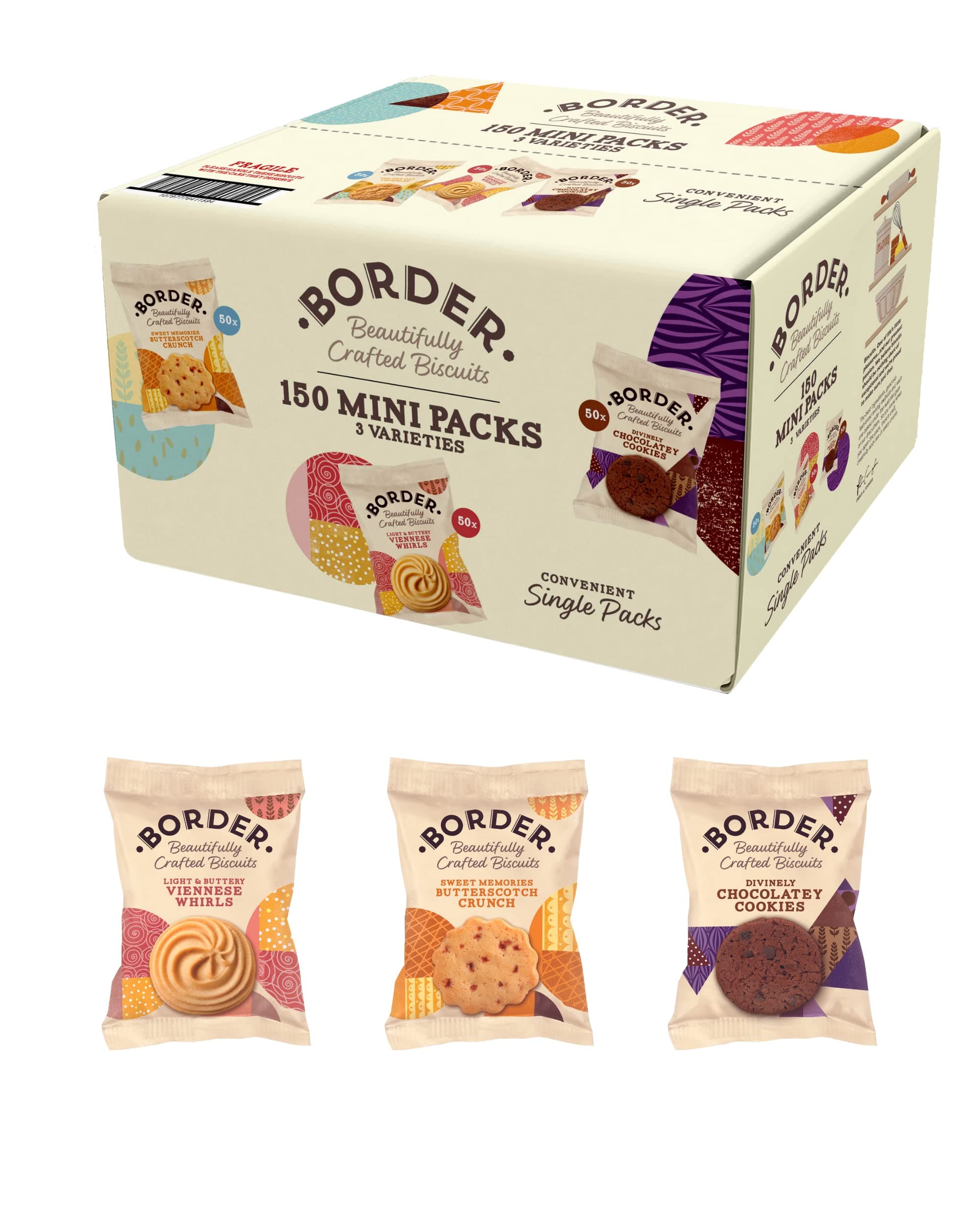 Border Biscuits 150 Packs, Mini Multipacks Biscuits Box, 3 Flavour Variety Luxury Biscuits, Single Serve Pack, Biscuits Individually Wrapped, Bulk Biscuits and Cookies, Biscuits Gift