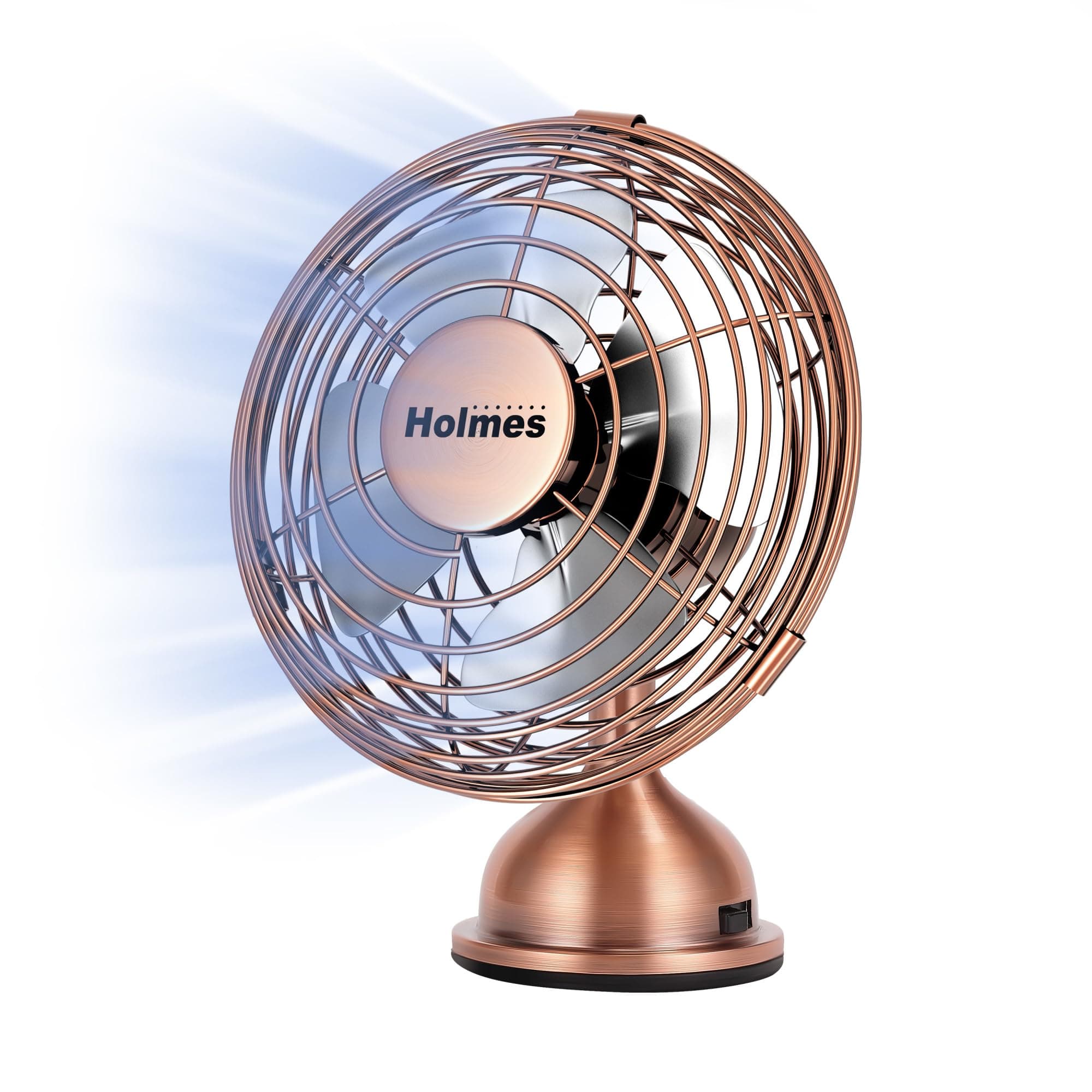 HOLMES 4" Mini Heritage Desk Fan, USB-Powered, Single Speed, 4 Blades, Adjustable 100° Head Tilt, Metal Construction, Ideal for Home, Dorm Rooms, Bedrooms, Office or Travel, Vintage Brushed Copper