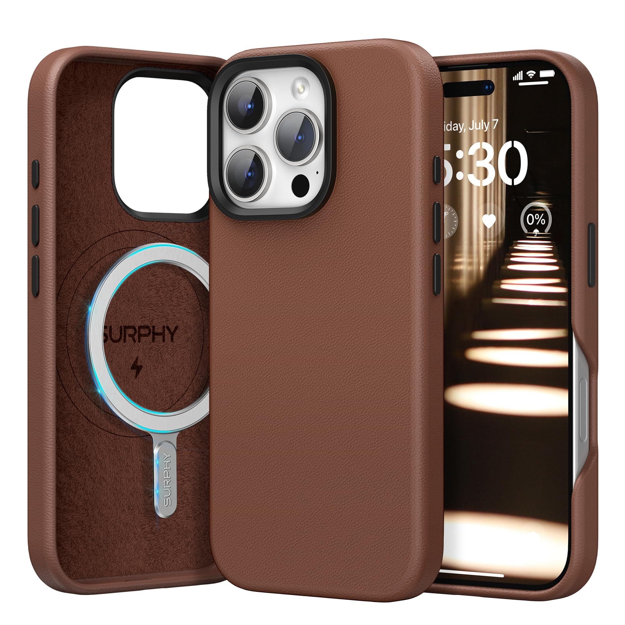 SURPHY Leather Case for iPhone 16 Pro Max Compatible with MagSafe, Faux Leather Phone Case (Metallic Buttons, Microfiber Lining) for 16 Pro Max 6.9 inch 2024, Brown