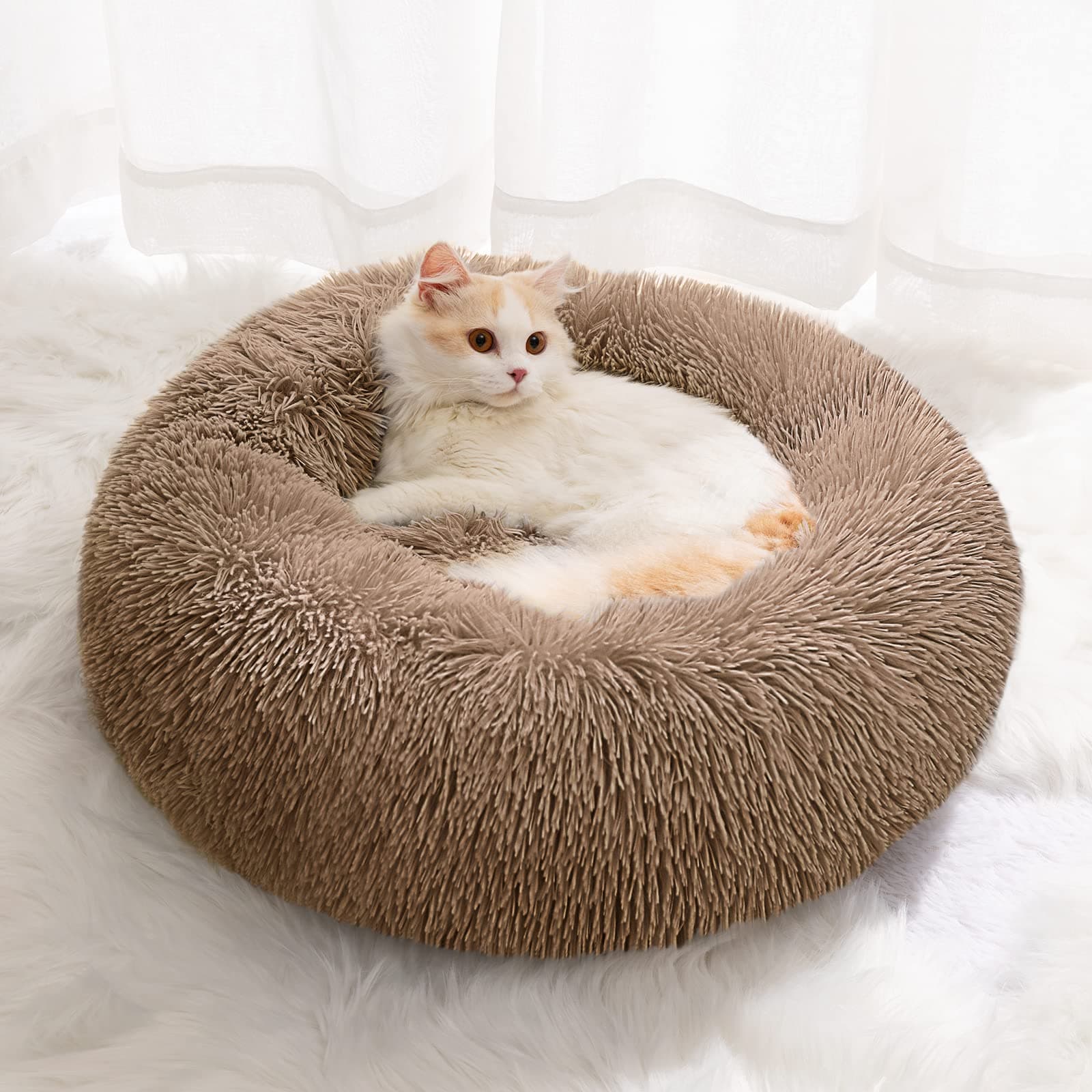 Small Cat Bed for Indoor Cats, Self-Warming Donut Kitty Bed for Small Cats Keeping Warm, Washable Pet bed with Anti Slip Base, Lightcoffee 40cm