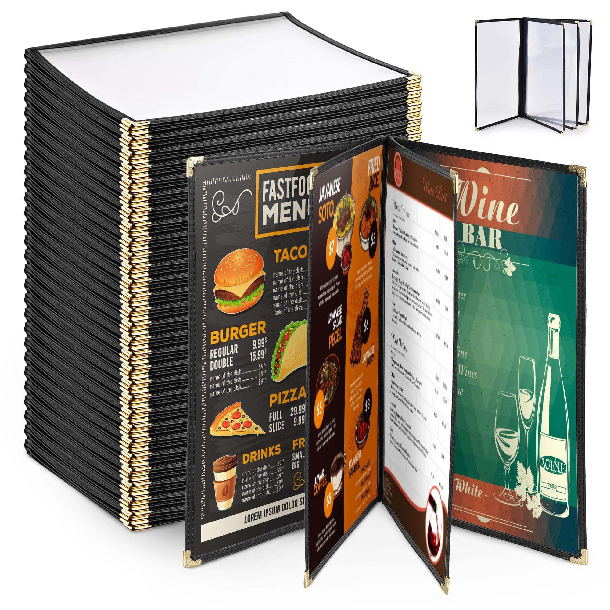 WeChef 30 Pack Restaurant Menu Covers 8.5 x 14" Book Style 4 Page 8 View PVC Transparent Restaurant Menu Holder Book Cafe Hotel Club Pub Bar Black