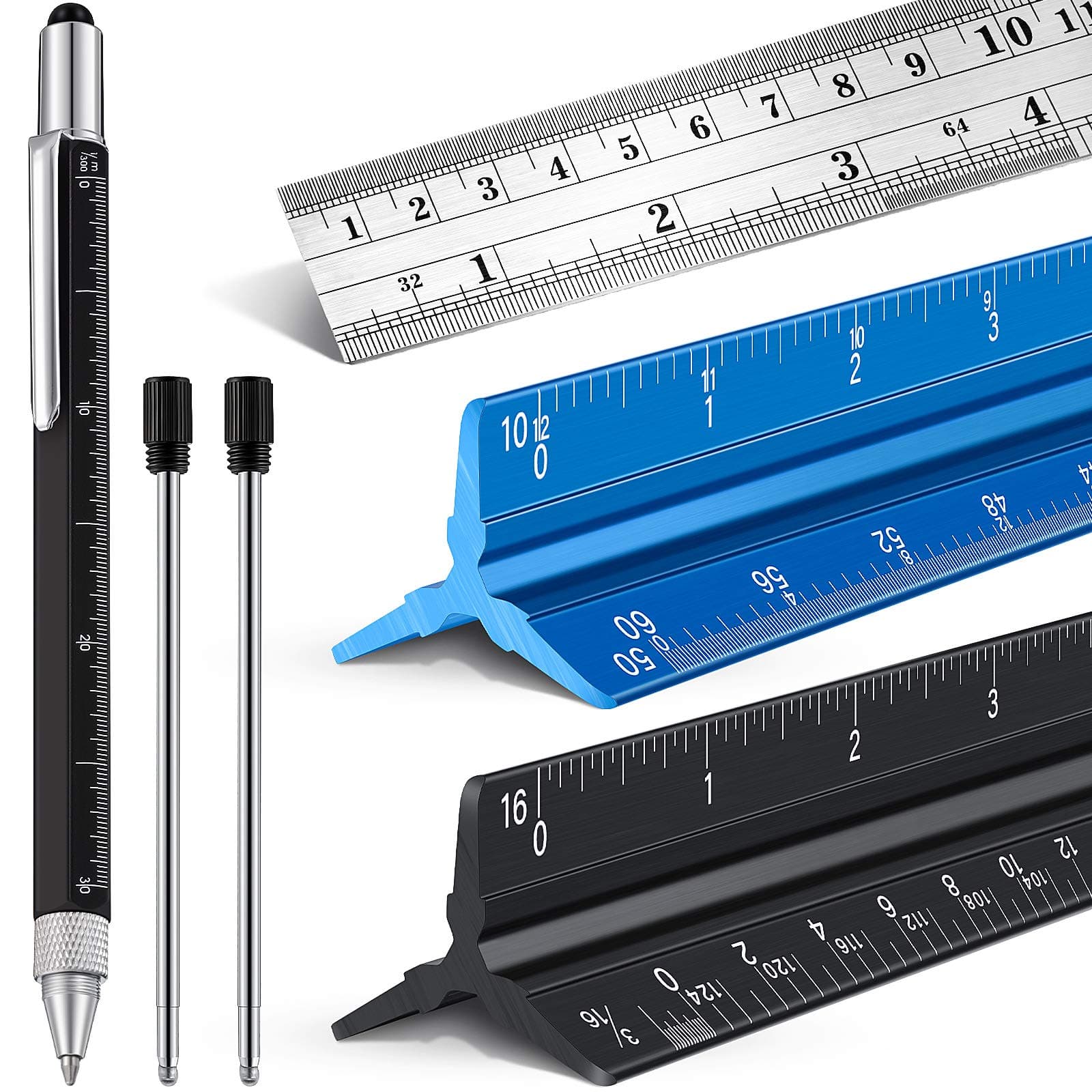 6 Pcs 12 Inch Architectural Engineering Scale Ruler Set Aluminum Triangular Drafting Tool with Metal Standard Ruler and 6 in 1 Tech Tool Pen for Architects, Draftsman and Engineers Drafting Blueprints