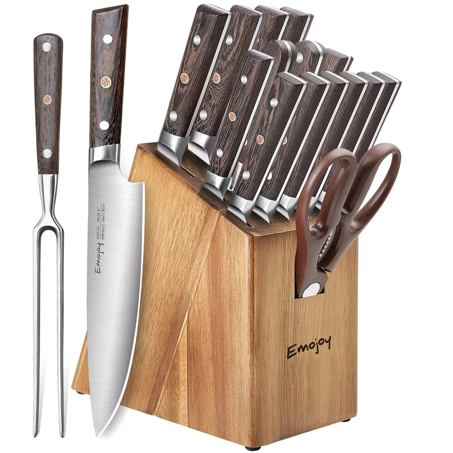 Knife Set, 16-Piece Kitchen Knife Set with Carving Fork, Precious Wengewood Handle for Chef Knife Set with Block, German Stainless Steel, Emo joy