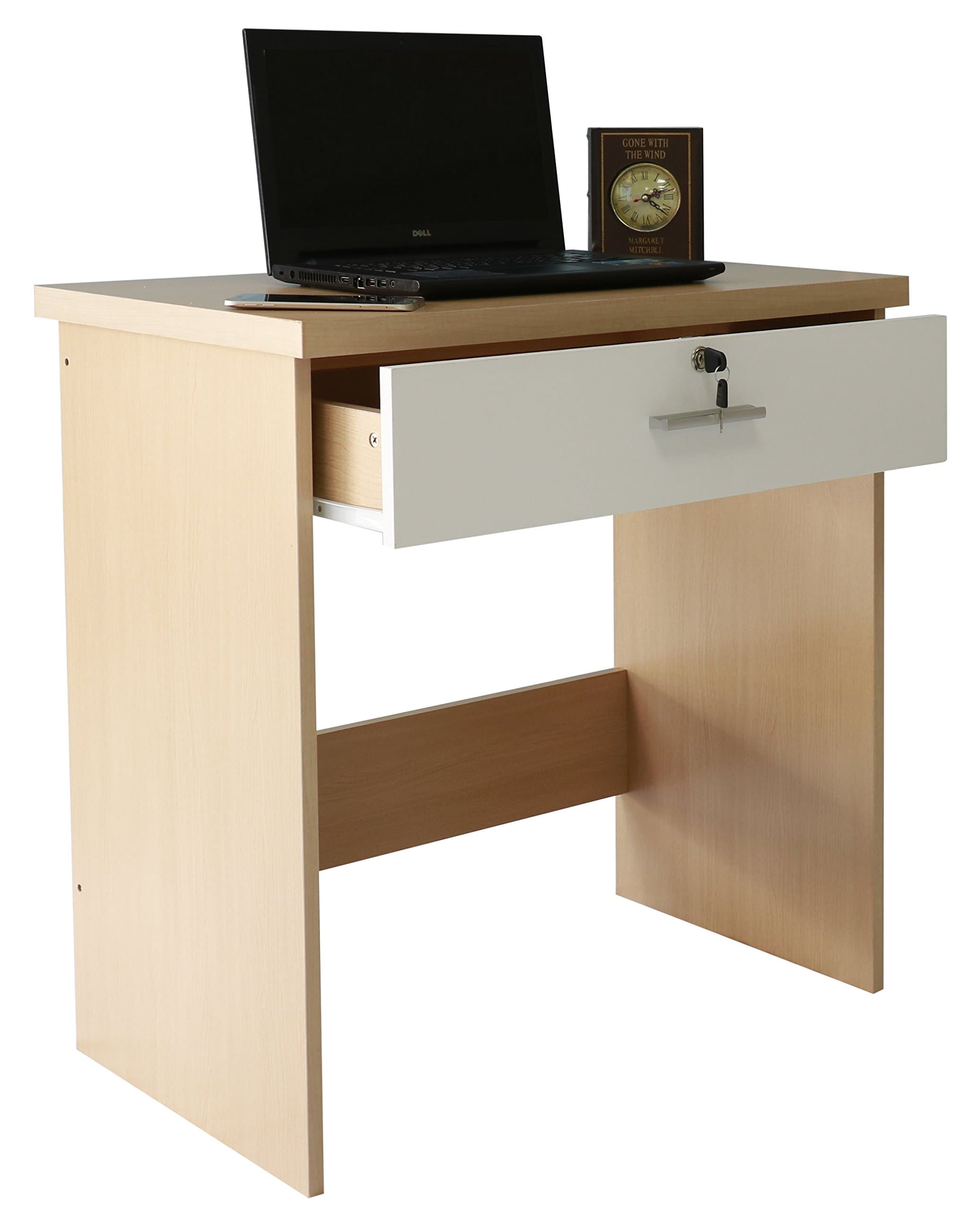Absolute Deal Limited Computer Desk with Key Lock Drawer Storage for Home Office Beech & White