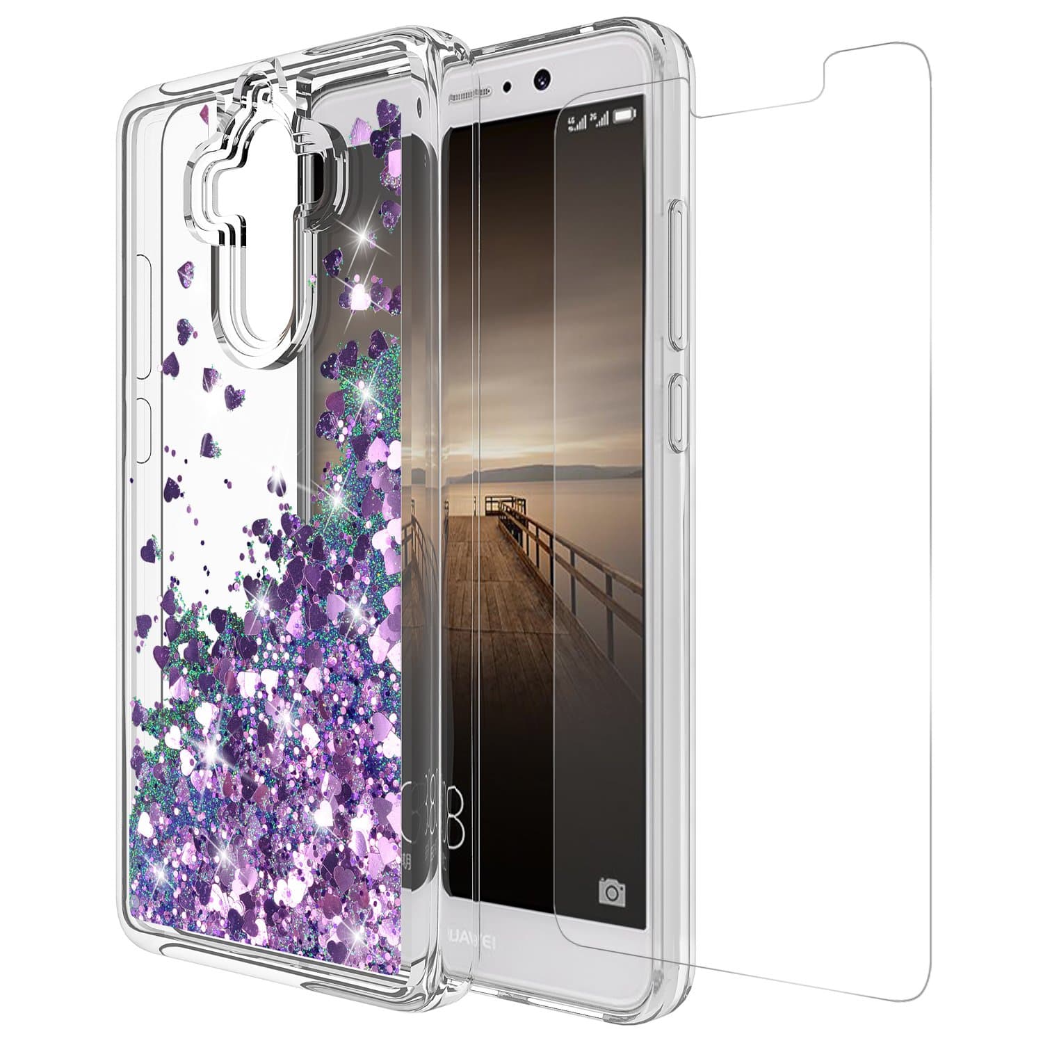 Huawei Mate 9 Case, Mate 9 Case with Tempered Glass Screen Protector Cute Sparkly Shiny Glitter Bling Luxury Fashion Liquid Quicksand for Teen Girls Clear TPU Cover for Huawei Mate 9 Purple