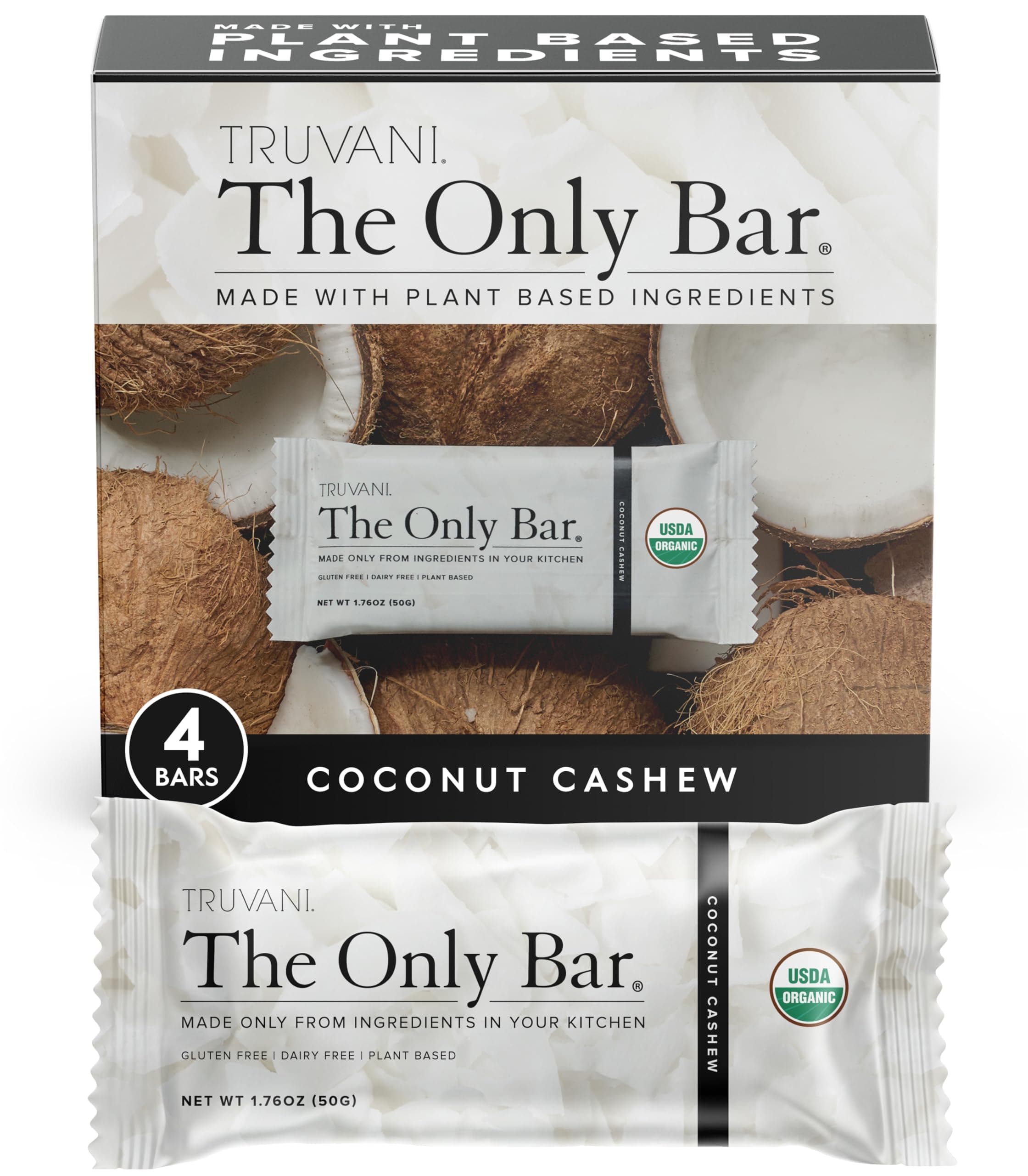 Plant Based Snack Bars | Coconut Cashew 4 Pack | 5g Protein | USDA Organic and Vegan | The Only Bar | Dairy, Soy, and Gluten Free | Individually Wrapped