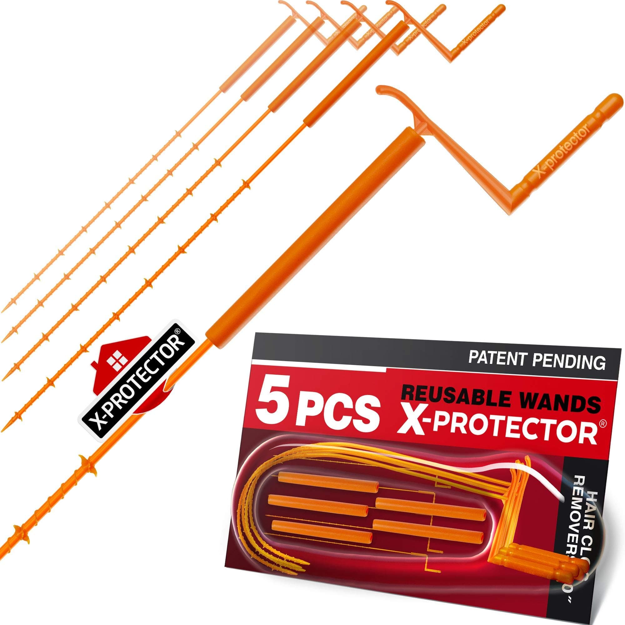 DRAIN CLOG REMOVER X-PROTECTOR – 20” SNAKE for DRAIN – Premium Drain Cleaner – 5 pcs Drain Hair Catchers – Hair Clog Removers with Rotating Handle – Orange Sink Snake for Drain – CLEAN ANY DRAIN!