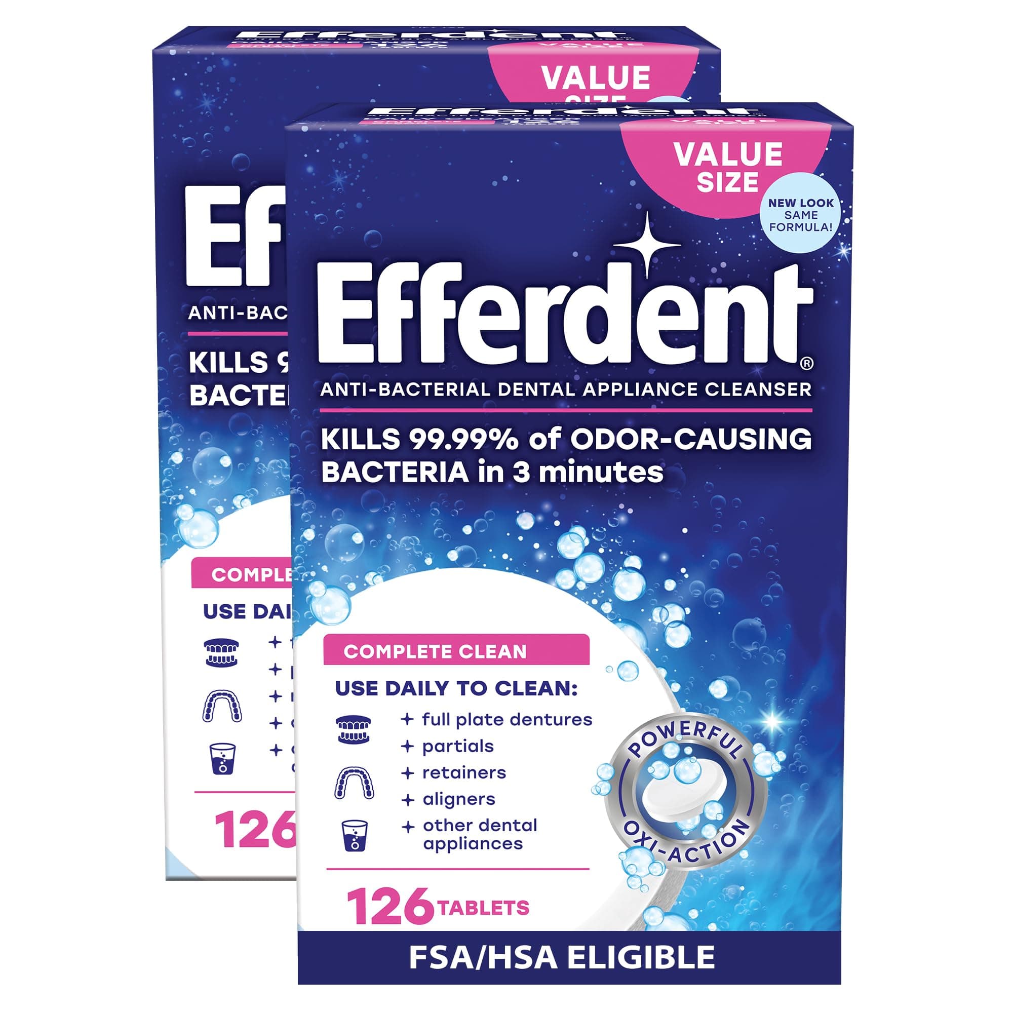 Efferdent Retainer & Denture Cleaner Tablets, Complete Clean, 252 Tablets, 2 pack of 126 Tablets