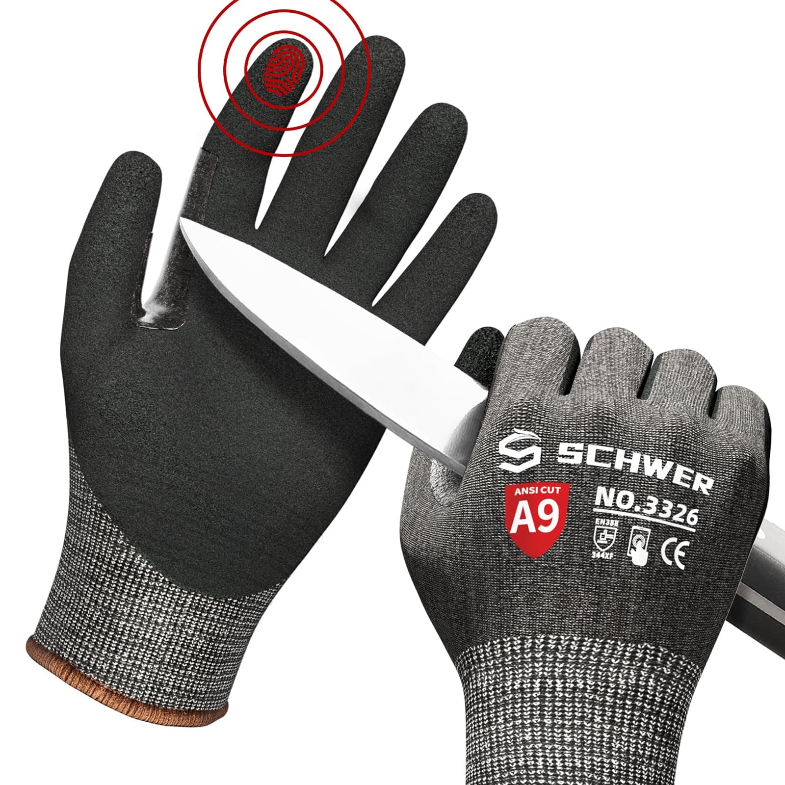 Schwer ProGuard High Level Cut Resistant Work Gloves PR3326 for Extreme Protection,ANSI A9 Cut Gloves with Reinforced Thumb, Non Slip, Durable, Touch-screen, Black 1 Pair(XXL)