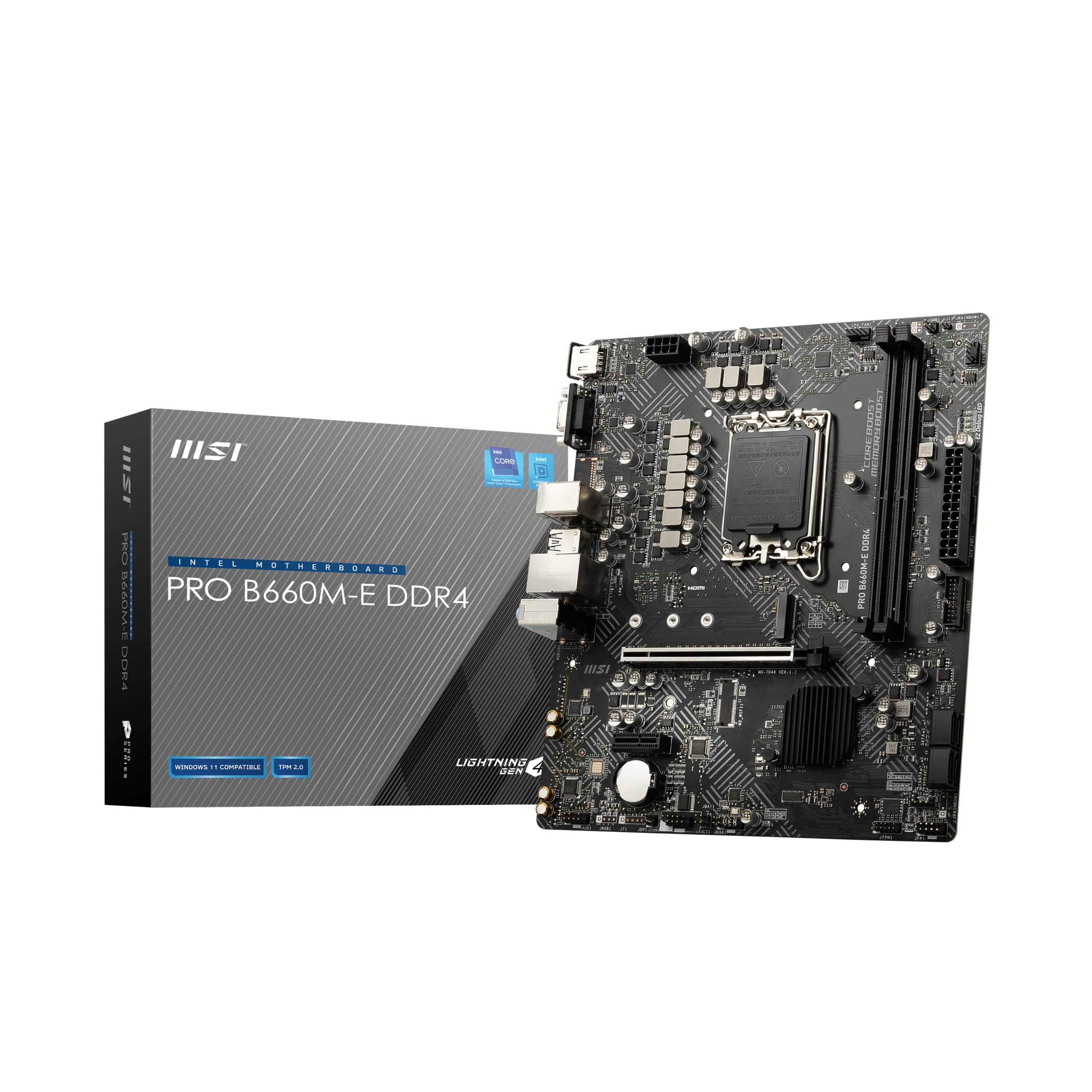 MSI PRO B660M-E DDR4 Motherboard, Micro-ATX - Supports Intel 12th Gen Core Processors, LGA 1700 - DDR4 Memory Boost 4600+MHz/OC, PCIe 4.0 x16 Slot, 1 x M.2 Gen3 Slot, Intel 1G LAN