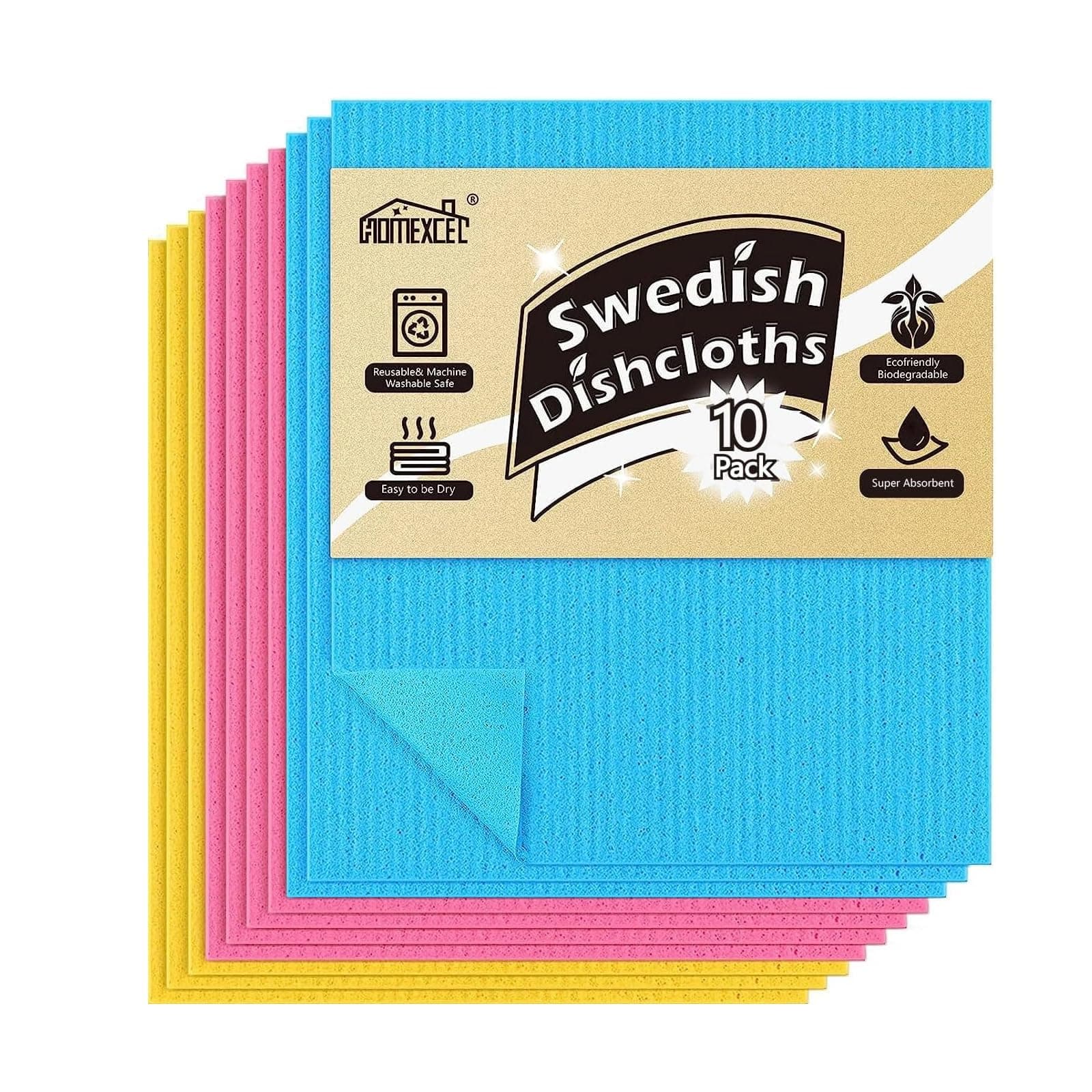 Swedish Dishcloths for Kitchen 10 Pack, Sponge Dish Cloth for Counters & Washing Dishes, Reusable and Absorbent Paper Towels, 3 Colors Assorted