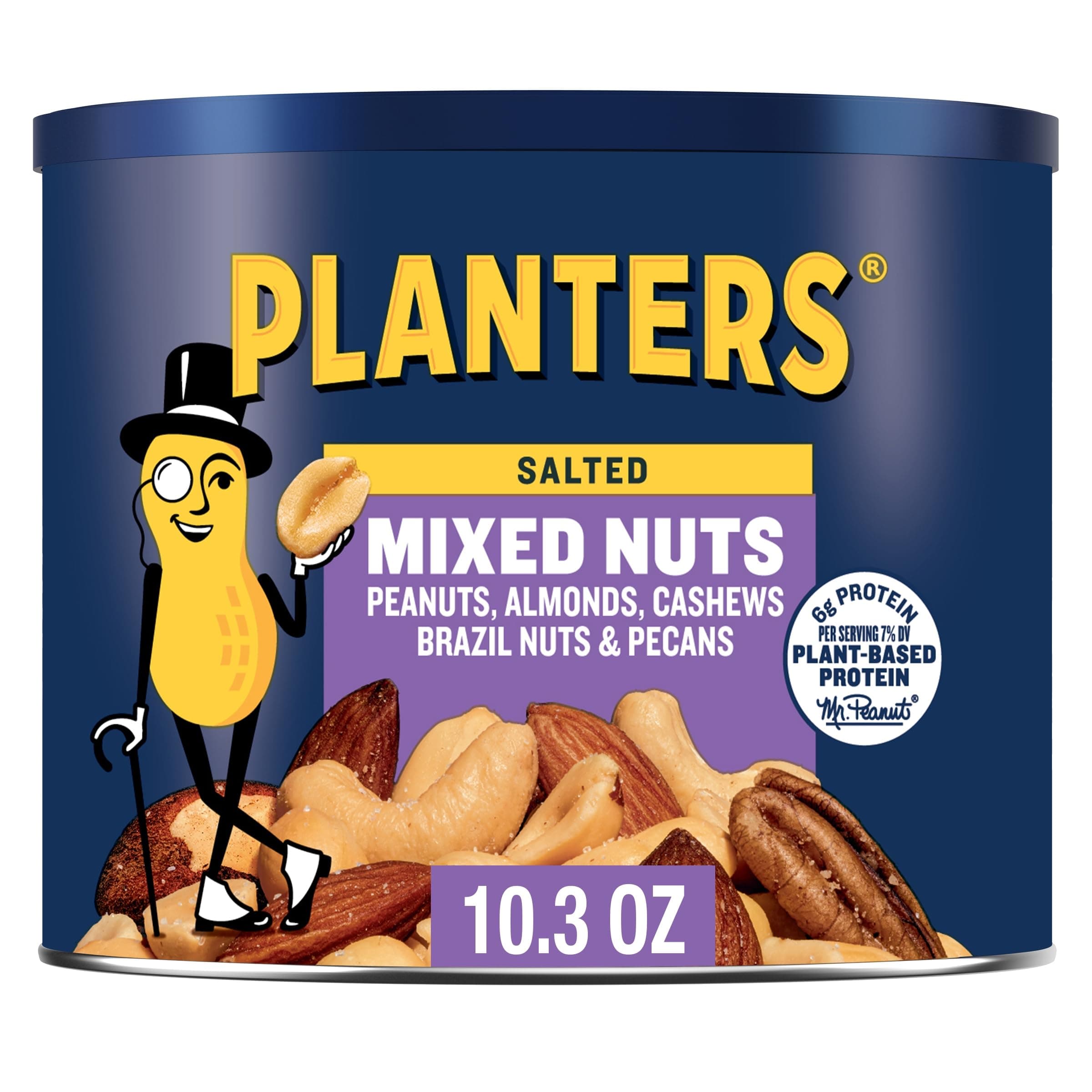 PLANTERS Salted Mixed Nuts, Party Snacks, Plant-Based Protein 10.3oz (1 Canister)