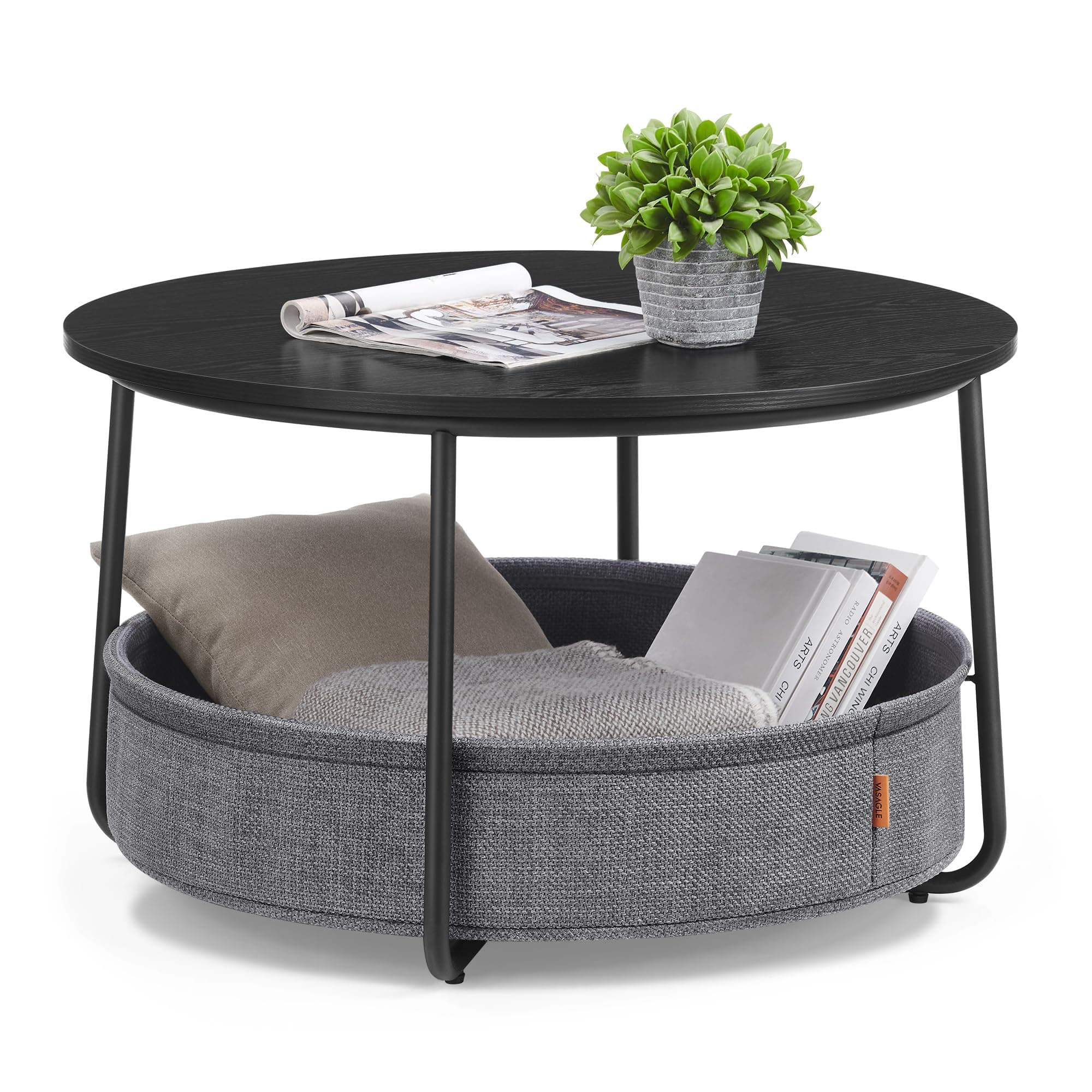 LILEA Collection - Coffee Table with Storage, Round Center Table for Living Room with Fabric Basket, Modern Style, Metal Frame, Ebony Black and Slate Gray ULCT244B56