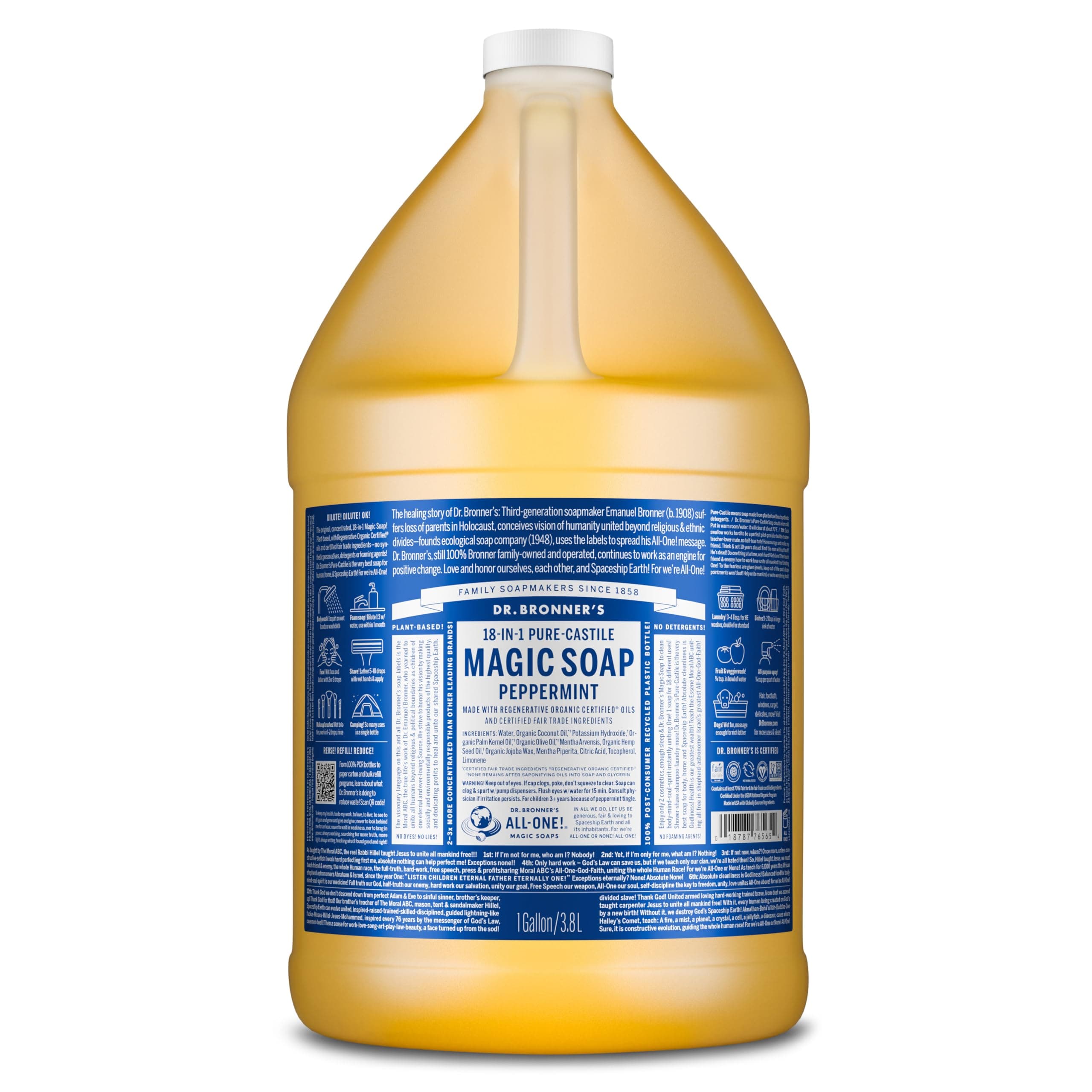 Dr. Bronnerââ‚¬â„¢s - Pure-Castile Liquid Soap (Peppermint, 1 Gallon) - Made with Organic Oils, 18-in-1 Uses: Face, Body, Hair, Laundry, Pets and Dishes, Concentrated, Vegan, Non-GMO