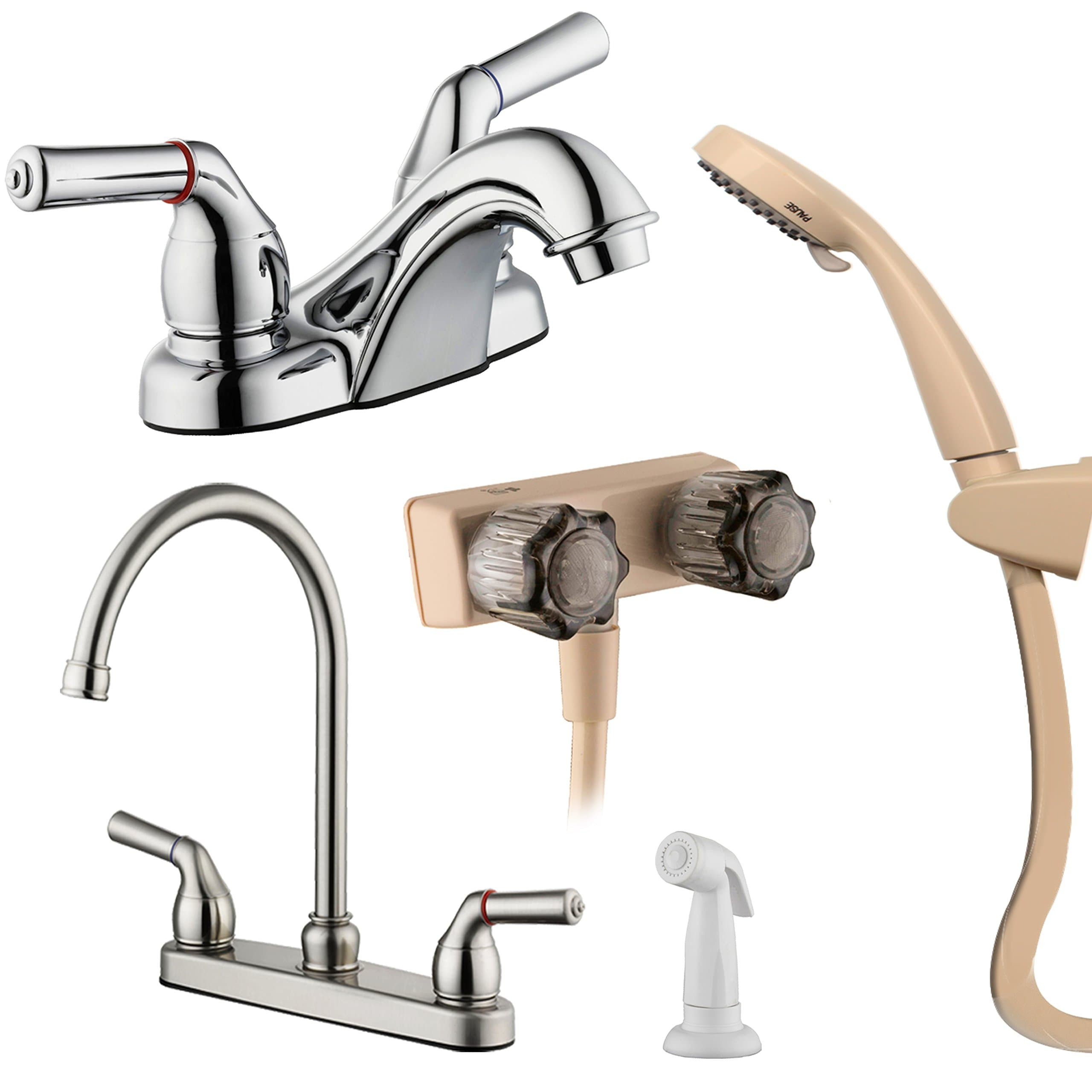 PIH RV Faucet Gift Package w/Two Handle High Arc Swivel Kitchen Faucet, Lavatory Bathroom Faucet, and Showering Faucet Unit, Polish Chrome