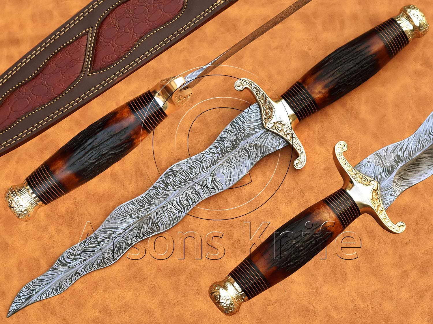 Handmade Custom Feather Damascus Kris Dagger Knife