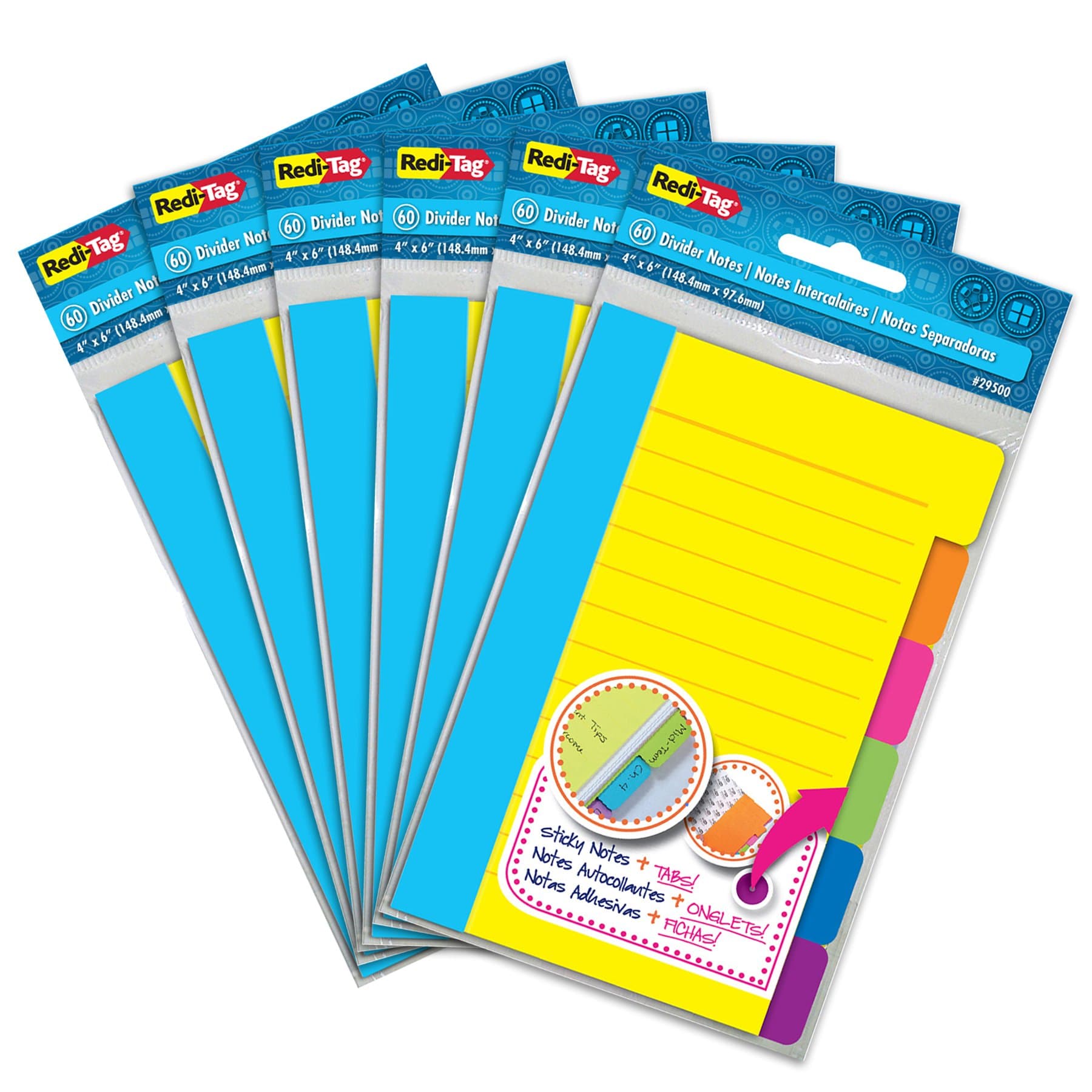 Redi-Tag Divider Sticky Notes, Tabbed Self-Stick Lined Note Pad, 60 Ruled Notes per Note, 4 x 6 Inches, Assorted Neon Colors, 6 Count/Pack - Pack of 6 (10291)