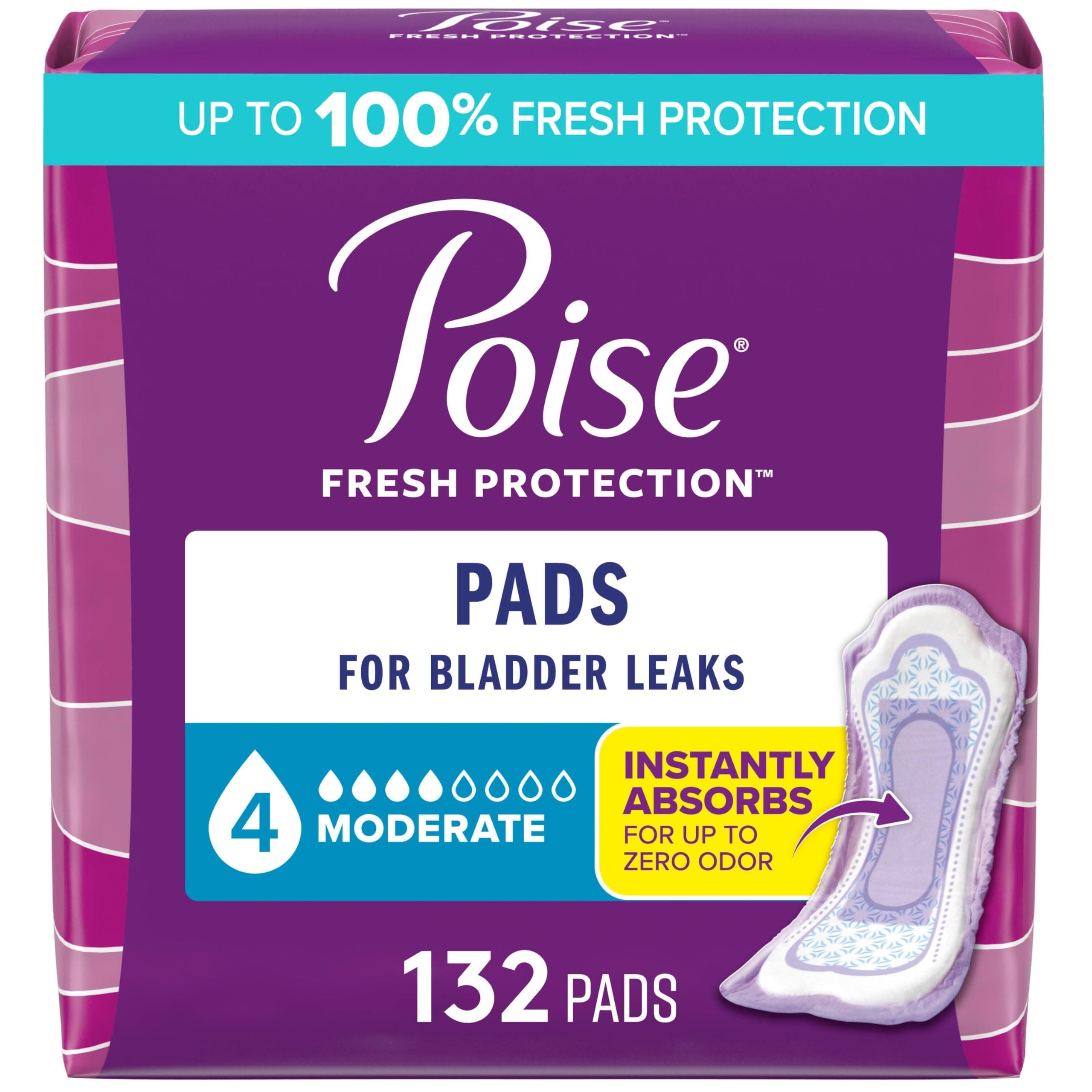 Incontinence & Postpartum Pads for Bladder Leaks, 4 Drop Moderate Absorbency, Regular Length, 132 Count, Packaging May Vary