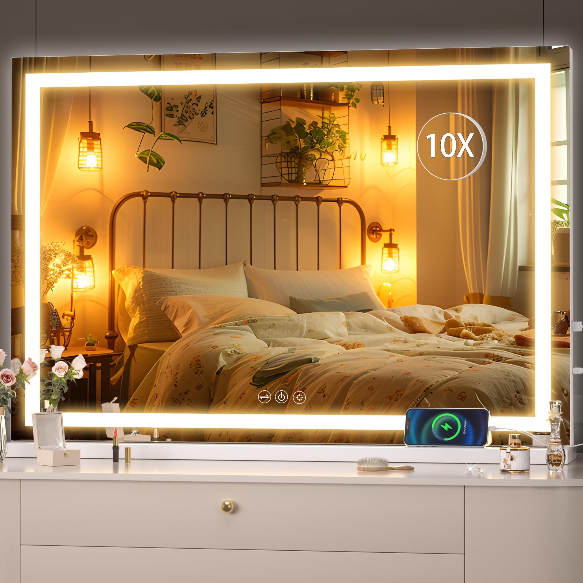 Hasipu Vanity Mirror with Lights, 95 x 65cm LED Makeup Mirror, Lighted Make up Mirrors with Dimmable 3 Modes, Touch Screen Control Vanity Mirrors Square White