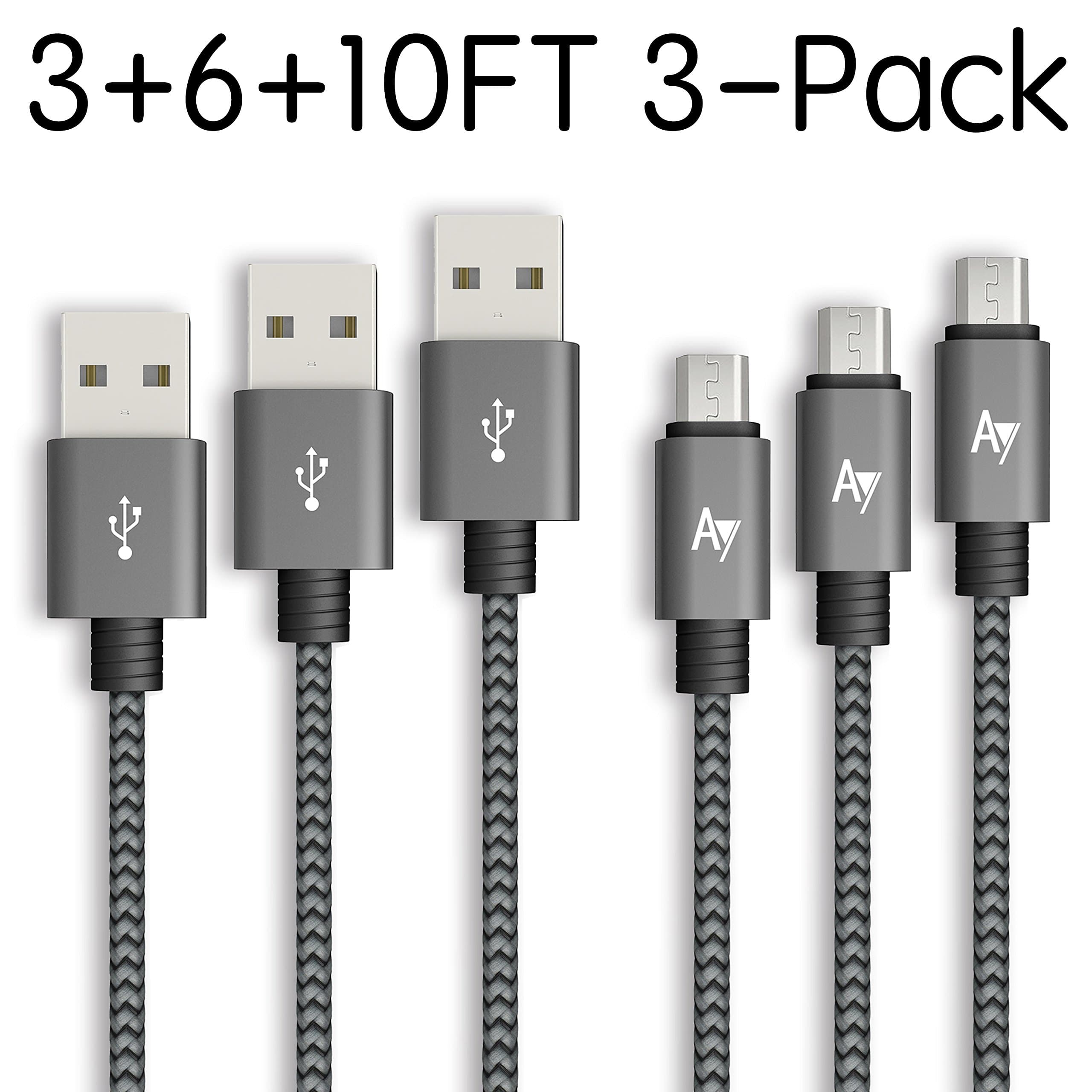 AYIPE Micro USB Cable [3-Pack] - 3+6+10 Feet (1+2+3 Meters) - GrayBlack - Nylon Braided Tangle-Free Micro USB Cable