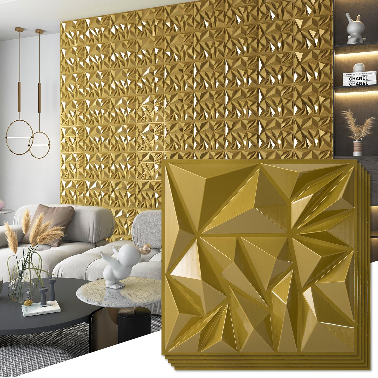 Art3d 33-Pack 3D Wall Panels for Interior Wall Decor, Diamond Textured Feature Wall Paneling for Gaming Living Room TV Wall Background Accent Wall - 12 x 12 inch Gold