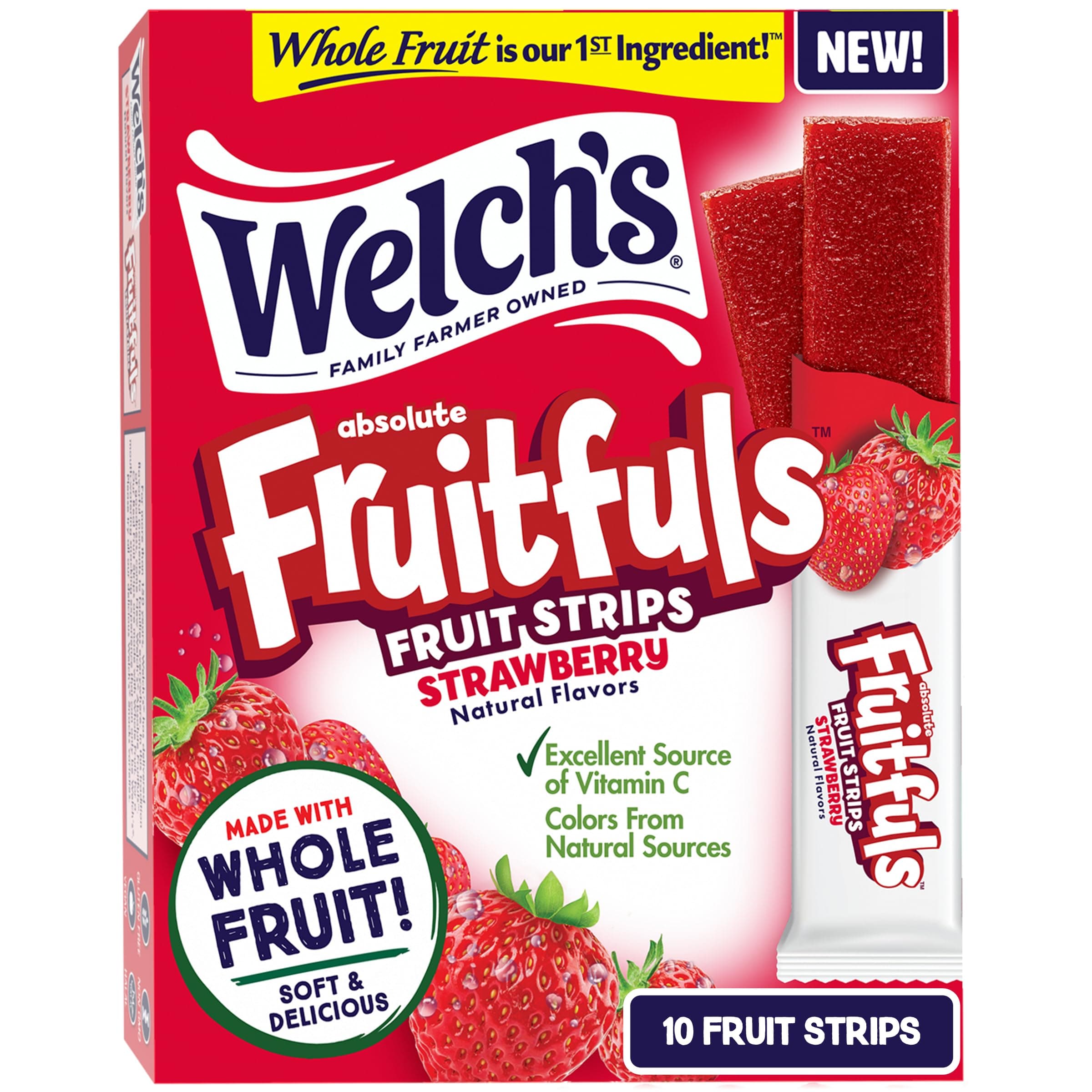 Absolute Fruitfuls Fruit Strips, Tasty Dried Fruit Snacks for School Lunches, Strawberry, 0.5oz (Pack of 10)