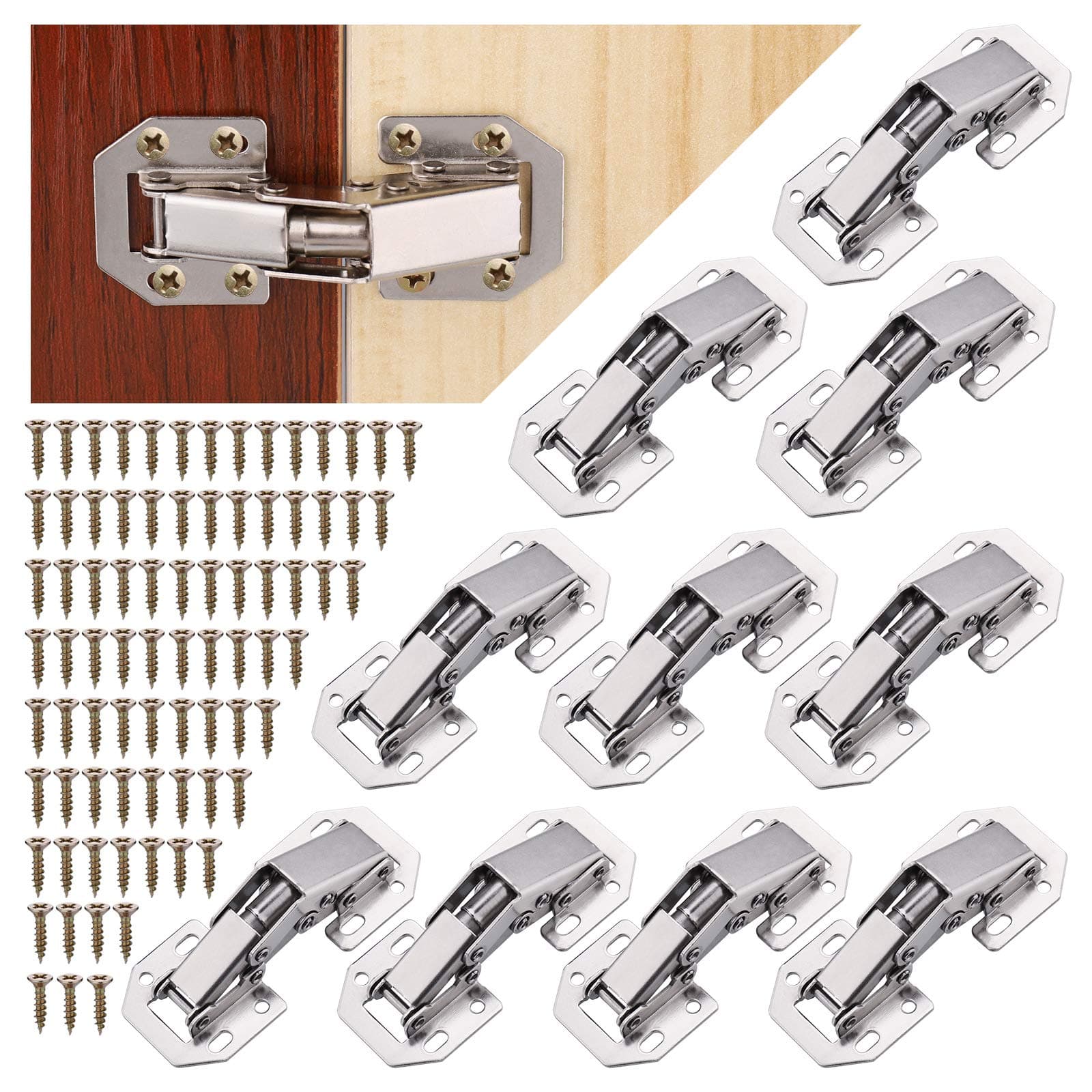 JIZZU 10Pcs Silent Close Hinges for Kitchen Cupboard Doors, 90 Degree Hinge for Wardrobe, Bathroom Cabinet