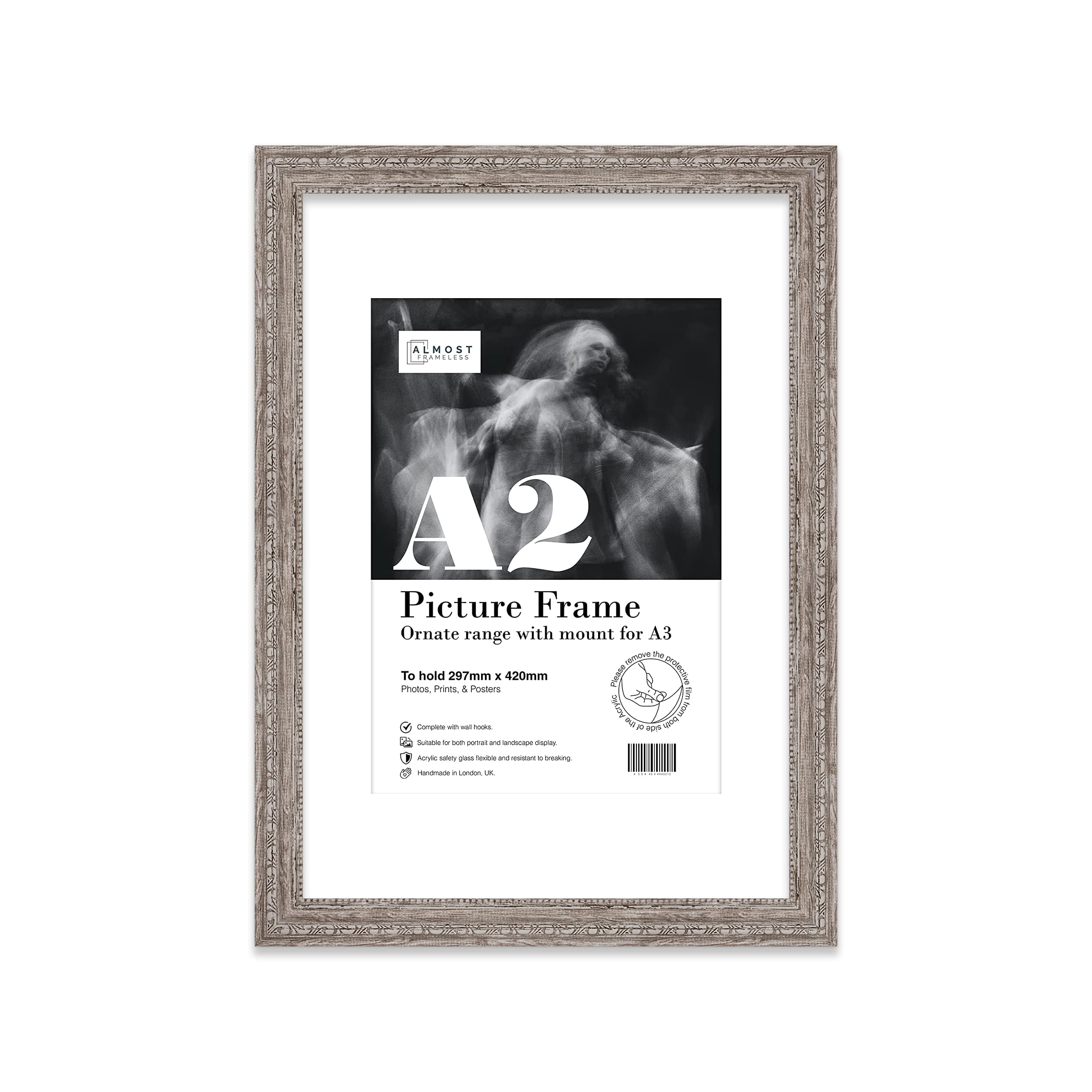 A2 Walnut Ornate Picture Frame With White Mount for A3 (29.7 x 42cm - 11.7 x 16.5in) Poster, Photo, Artwork, or Print. Antique Style Portrait and Landscape Display with Wall Hooks