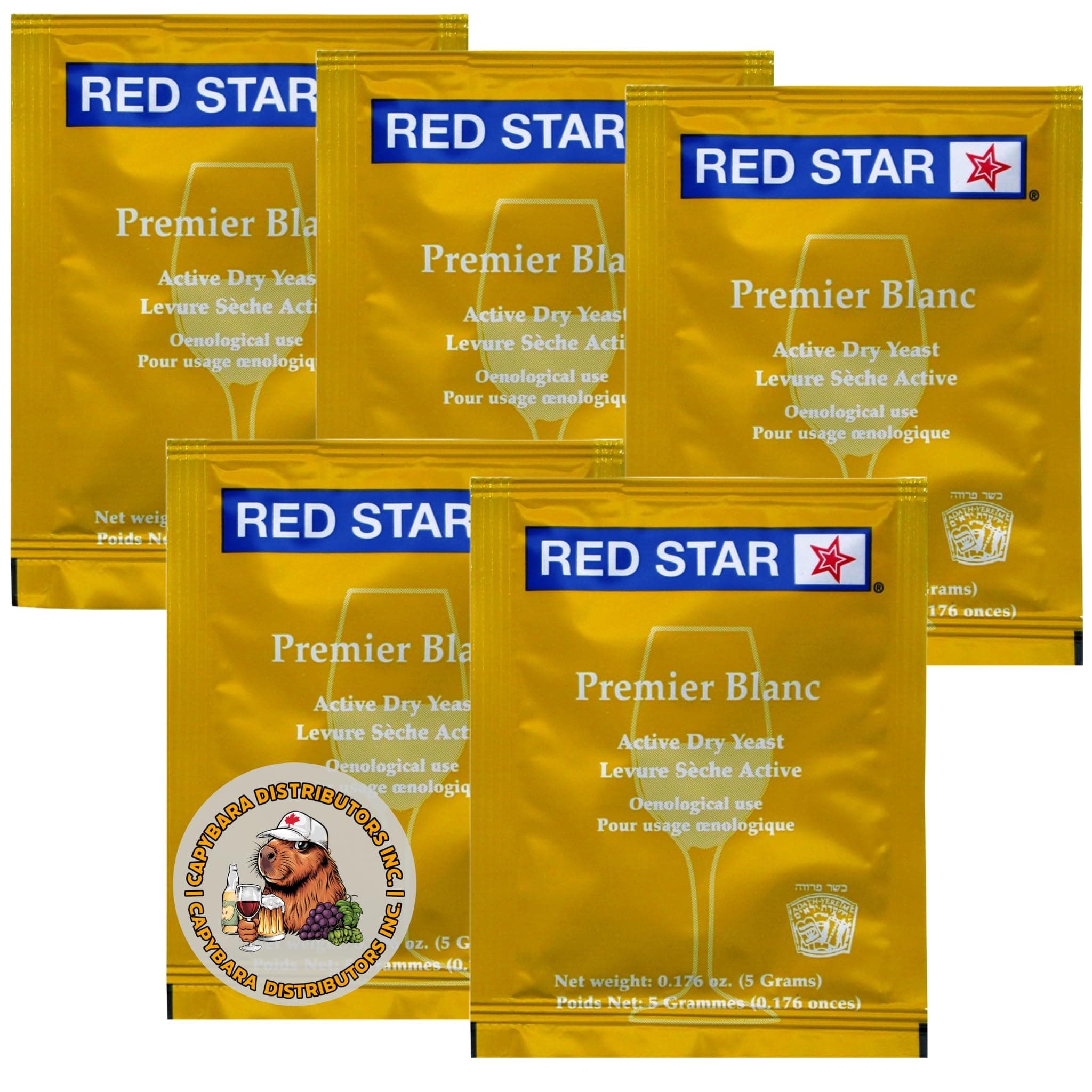 Red Star Premier Blanc Wine Yeast (5 Pack) - Great for Making Wine Cider Mead Kombucha at Home - 5 g Sachets - Saccharomyces cerevisiae - Sold by CAPYBARA Distributors Inc.