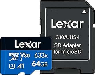 Lexar High-Performance 633x 64GB microSDXC UHS-I Card w/ SD Adapter, C10, U3, V30, A1, Full-HD & 4K Video, Up To 100MB/s Read, for Smartphones, Tablets, and Action Cameras (LSDMI64GBBNL633A)