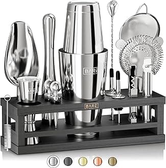 BARE BARREL® Mixology Bartender Kit Bar Set | 16-Piece Cocktail Shaker Set | Martini Barware Mixing Tools for Home Bartending | Incl. 35 Recipe Cards | Gift Set (28oz Boston Shaker, Silver/Black)