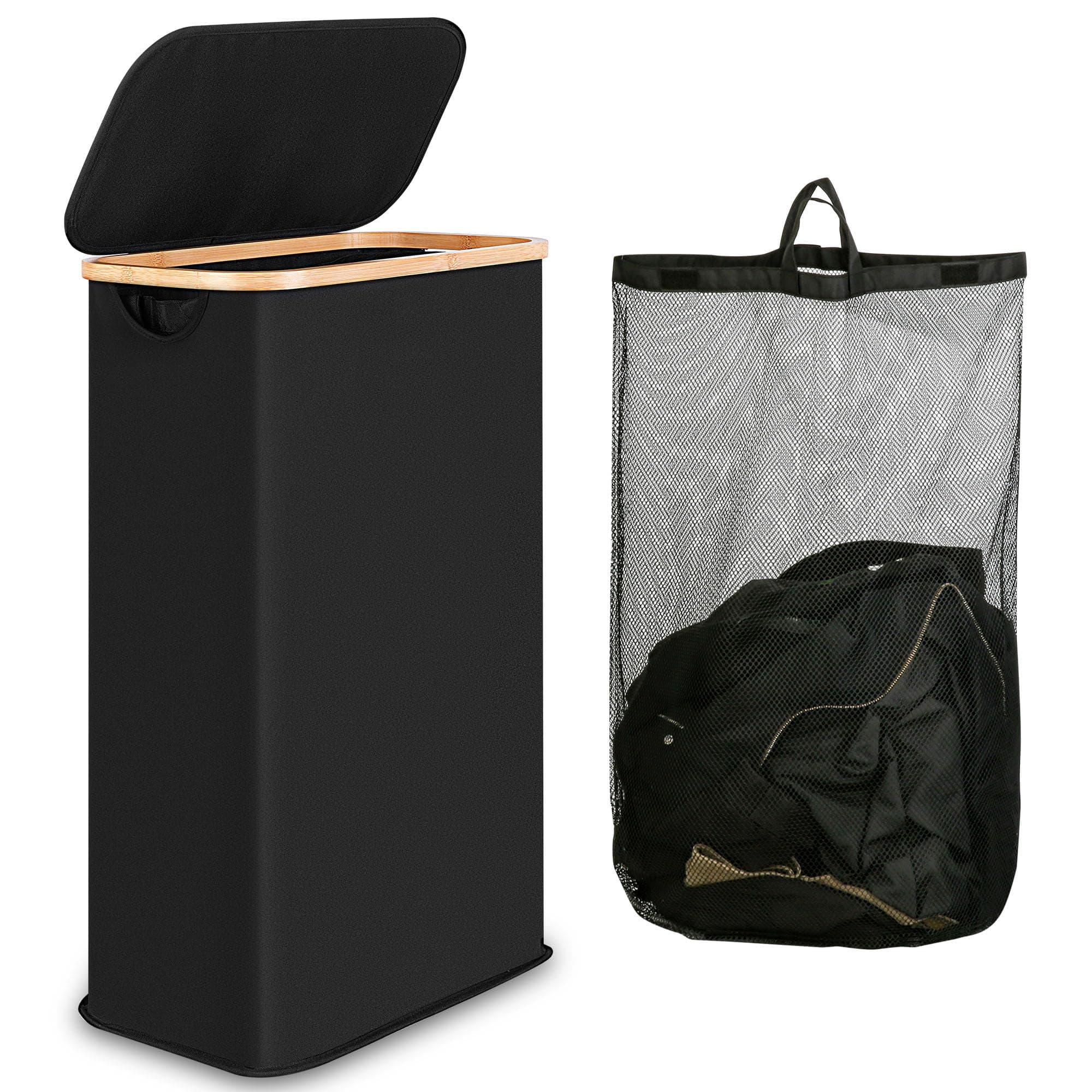 Slim Laundry Hamper, Narrow Laundry Basket with Lid,Foldable Clothes Hamper with Bamboo Handles,Hamper Basket with Removable Inner Bag for Laundry Room Bedroom College Dorm,60L Black