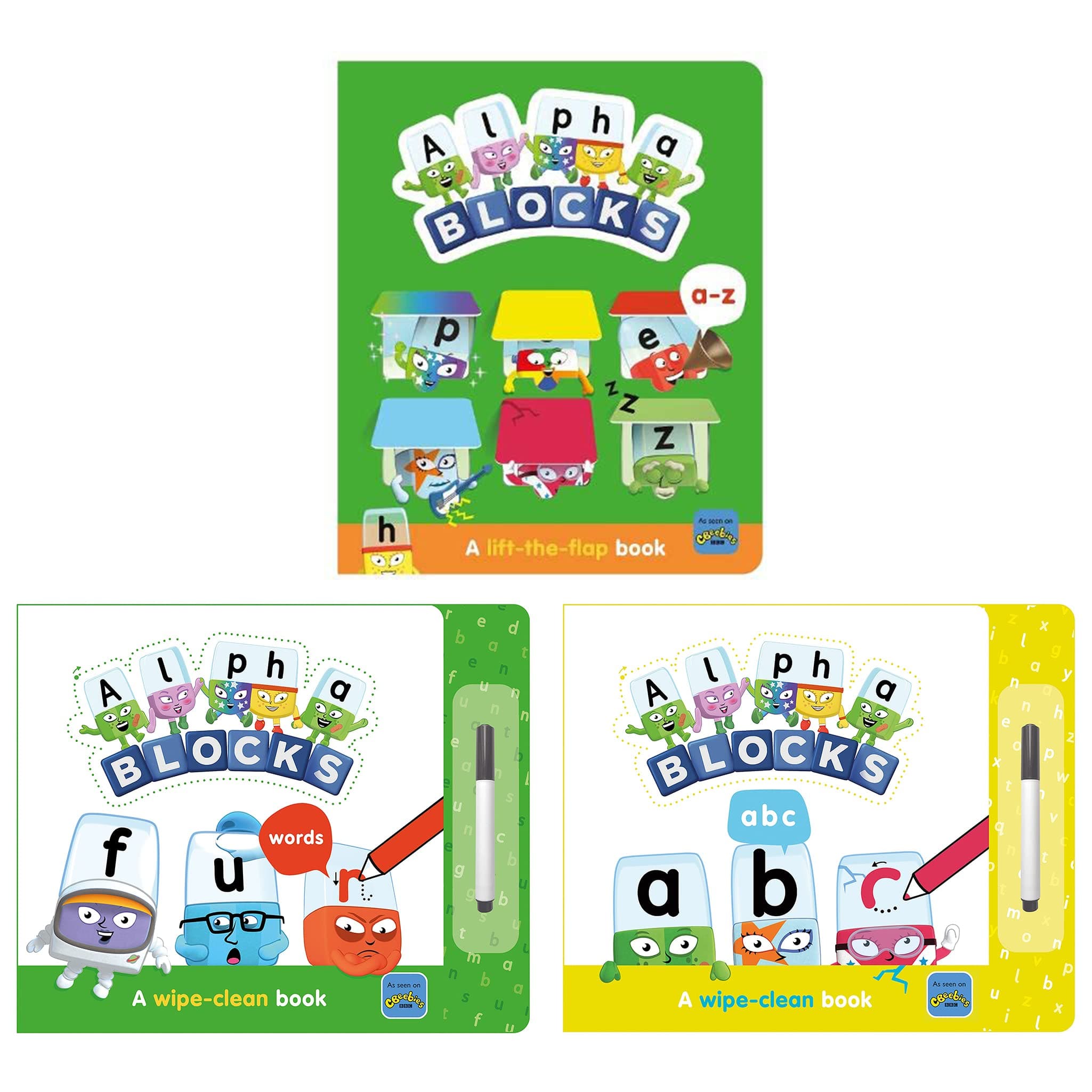 Alphablocks Series 3 Books Collection Set (Alphablocks A-Z Phonics Activities: A Lift the Flap Book, Alphablocks Words: A Wipe-Clean Book & Alphablocks ABC: A Wipe-Clean Book)