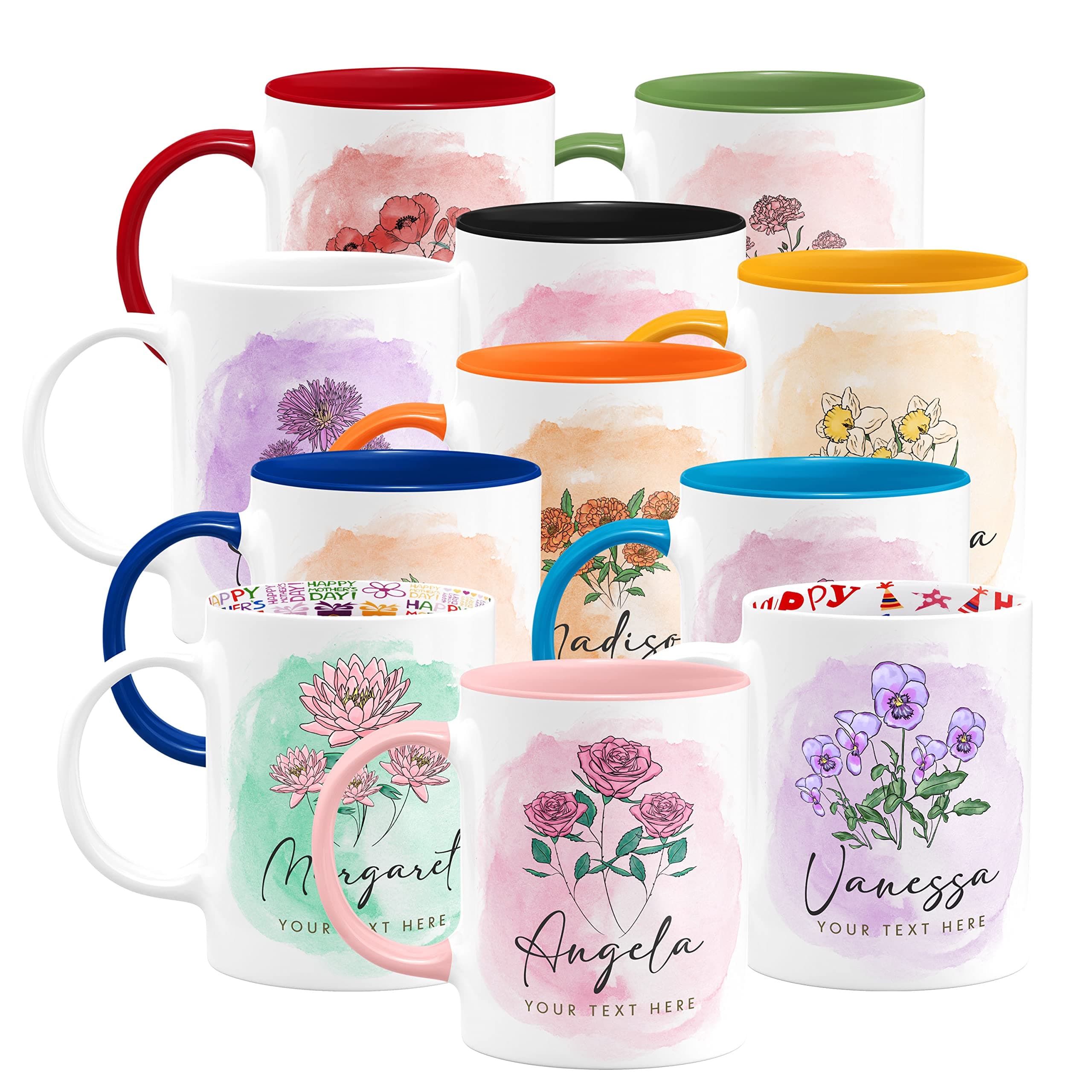 Personalized Birth Flower Mug with Name & Text, 11 Oz, 11 Colors, Custom Mug with Birth Flower Month, Personalized Gifts for Mom, Sister, Aunt, Gifts for Women