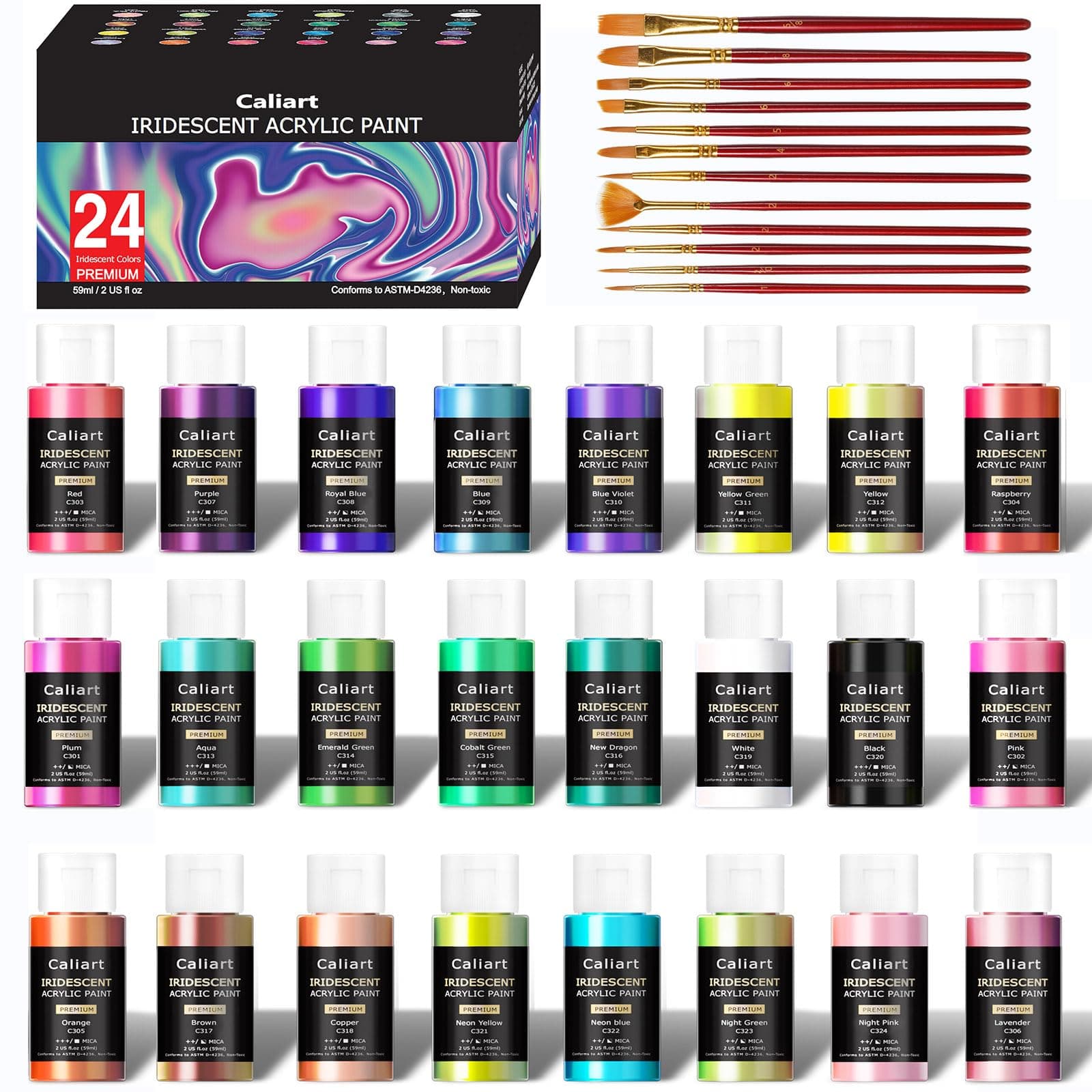 Caliart Iridescent Acrylic Paint with 12 Brushes, 24 Colors (59ml, 2oz) Art C...